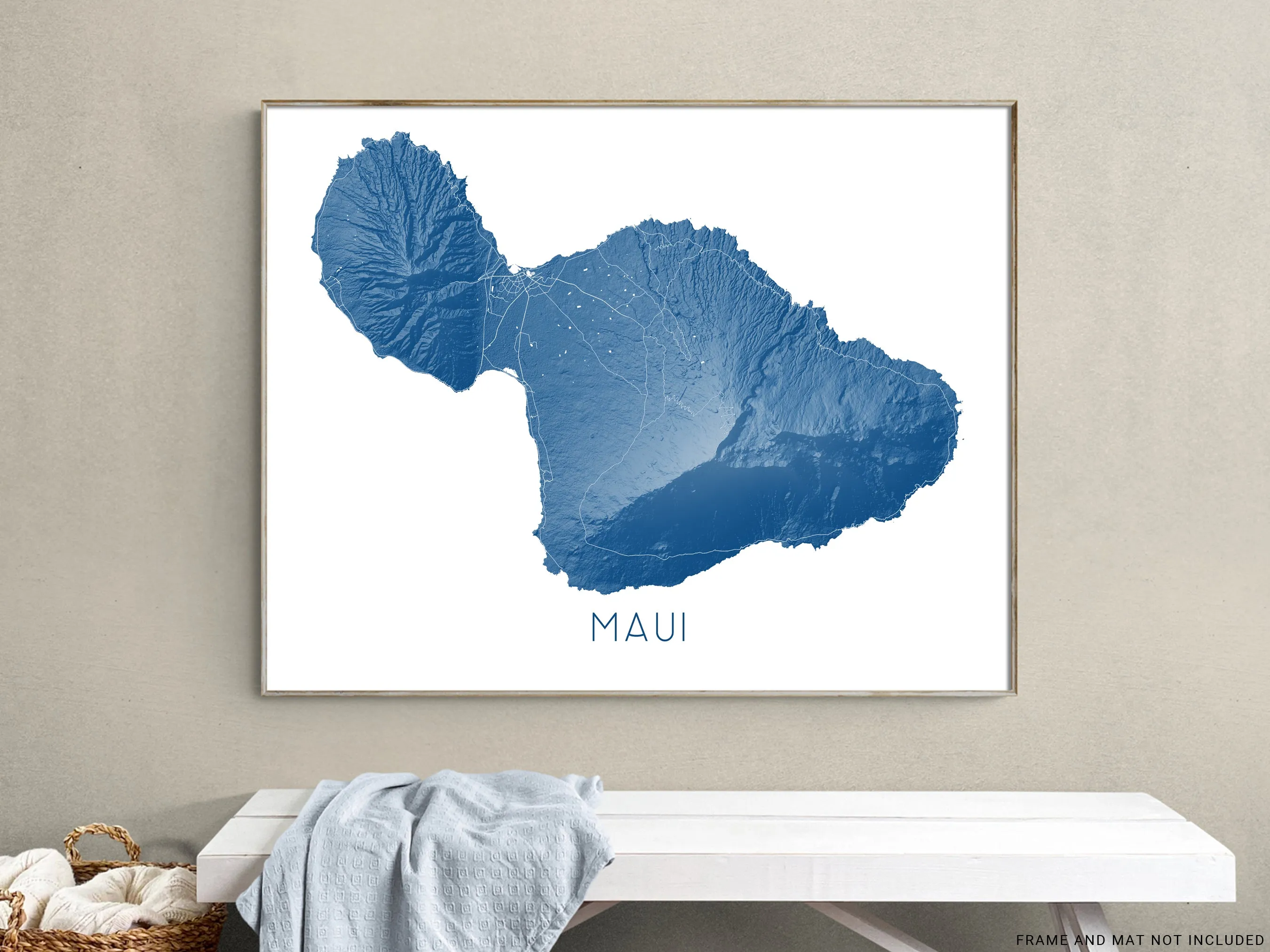 Maui Island Hawaii Map Wall Art Print Poster - Topographic Map of Maui Hawaiian Islands Road Maps