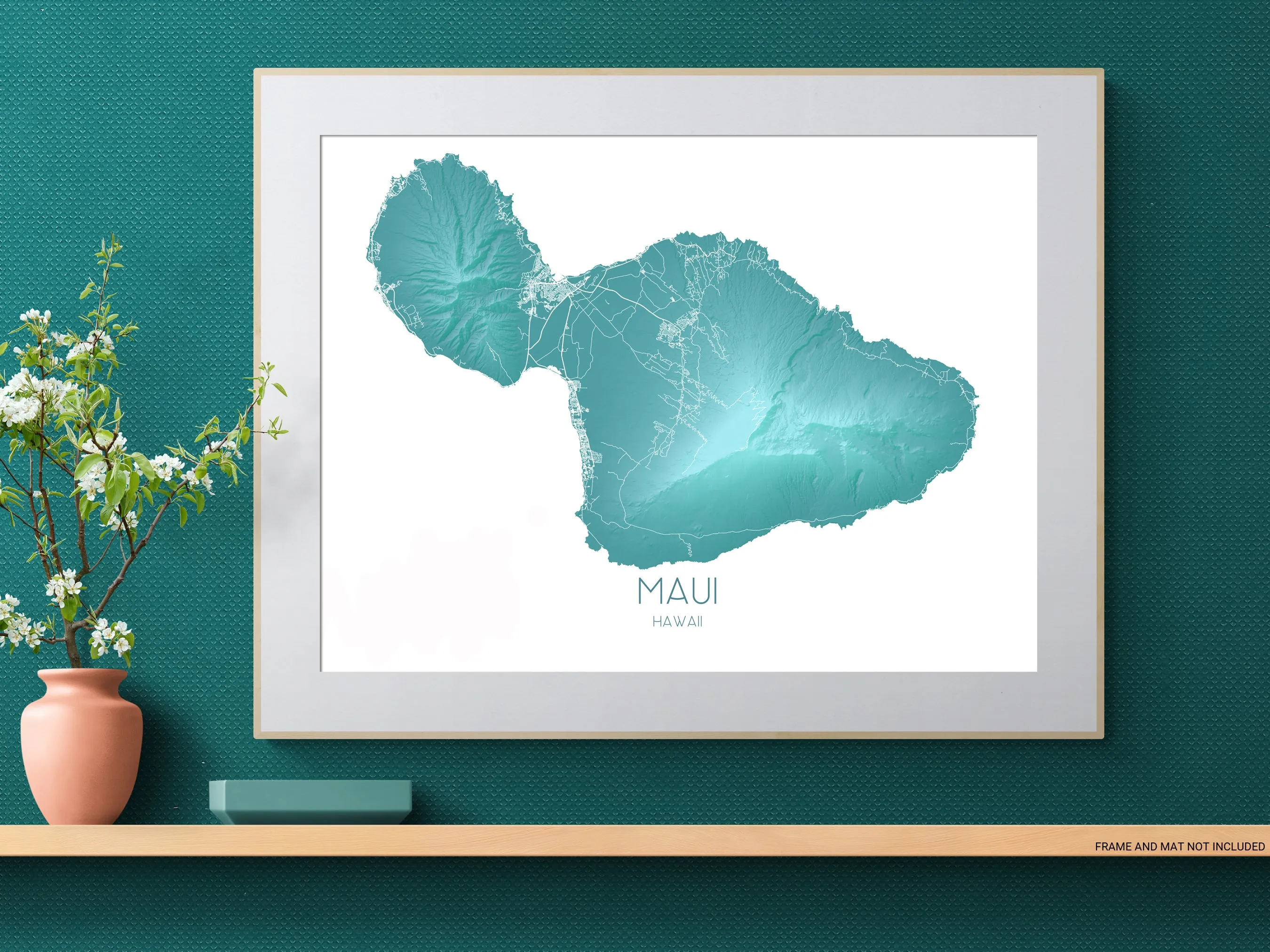 Maui Map Print, Hawaiian Islands Wall Art Poster, Turquoise Maui Hawaii Island Maps