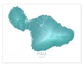 Maui Map Print, Hawaiian Islands Wall Art Poster, Turquoise Maui Hawaii Island Maps
