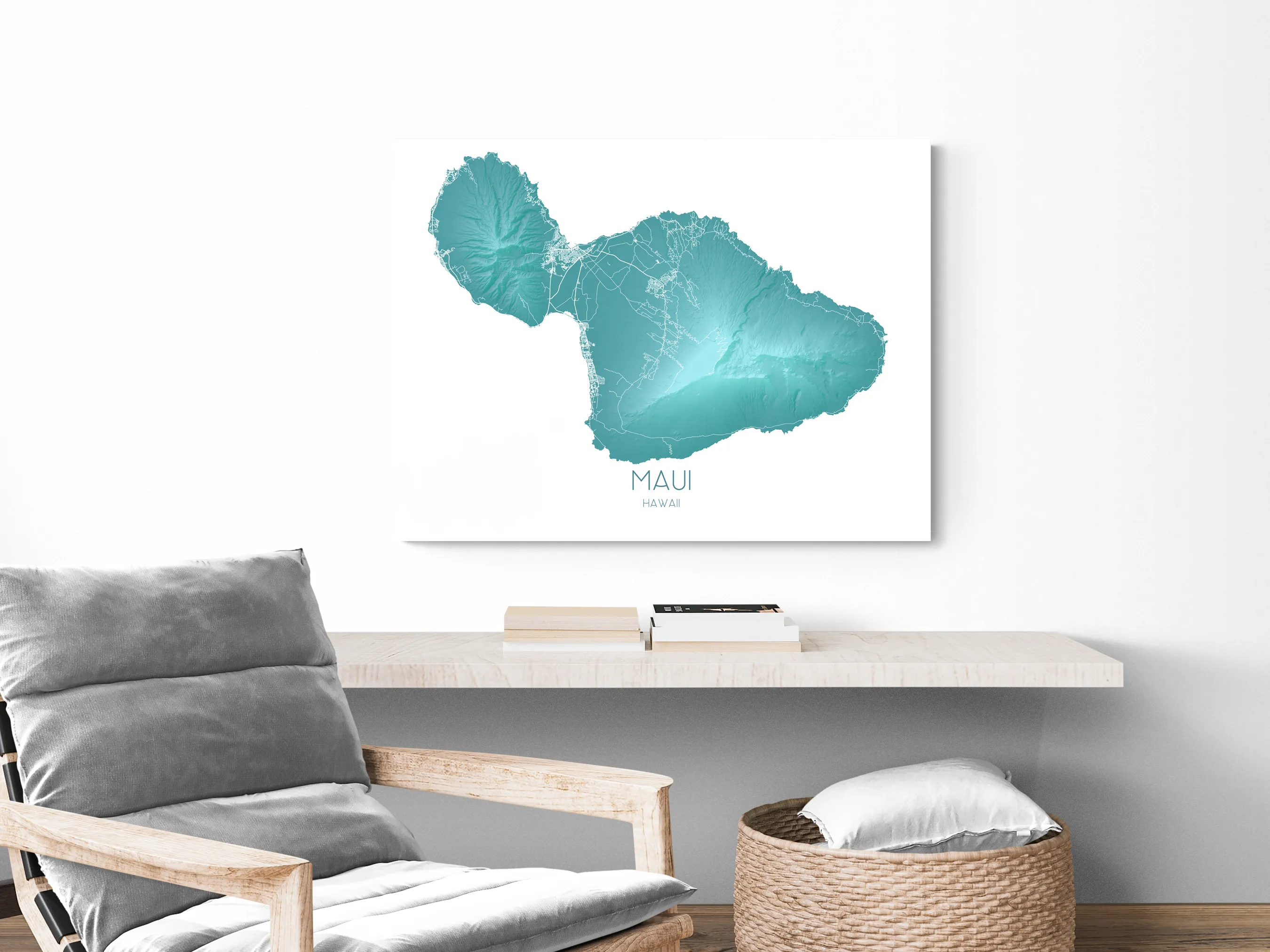Maui Map Print, Hawaiian Islands Wall Art Poster, Turquoise Maui Hawaii Island Maps