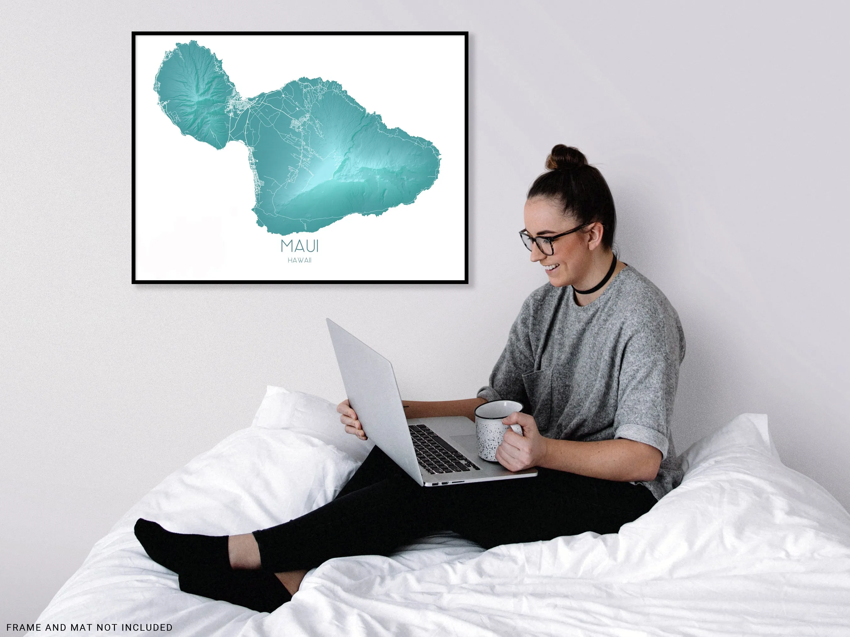 Maui Map Print, Hawaiian Islands Wall Art Poster, Turquoise Maui Hawaii Island Maps