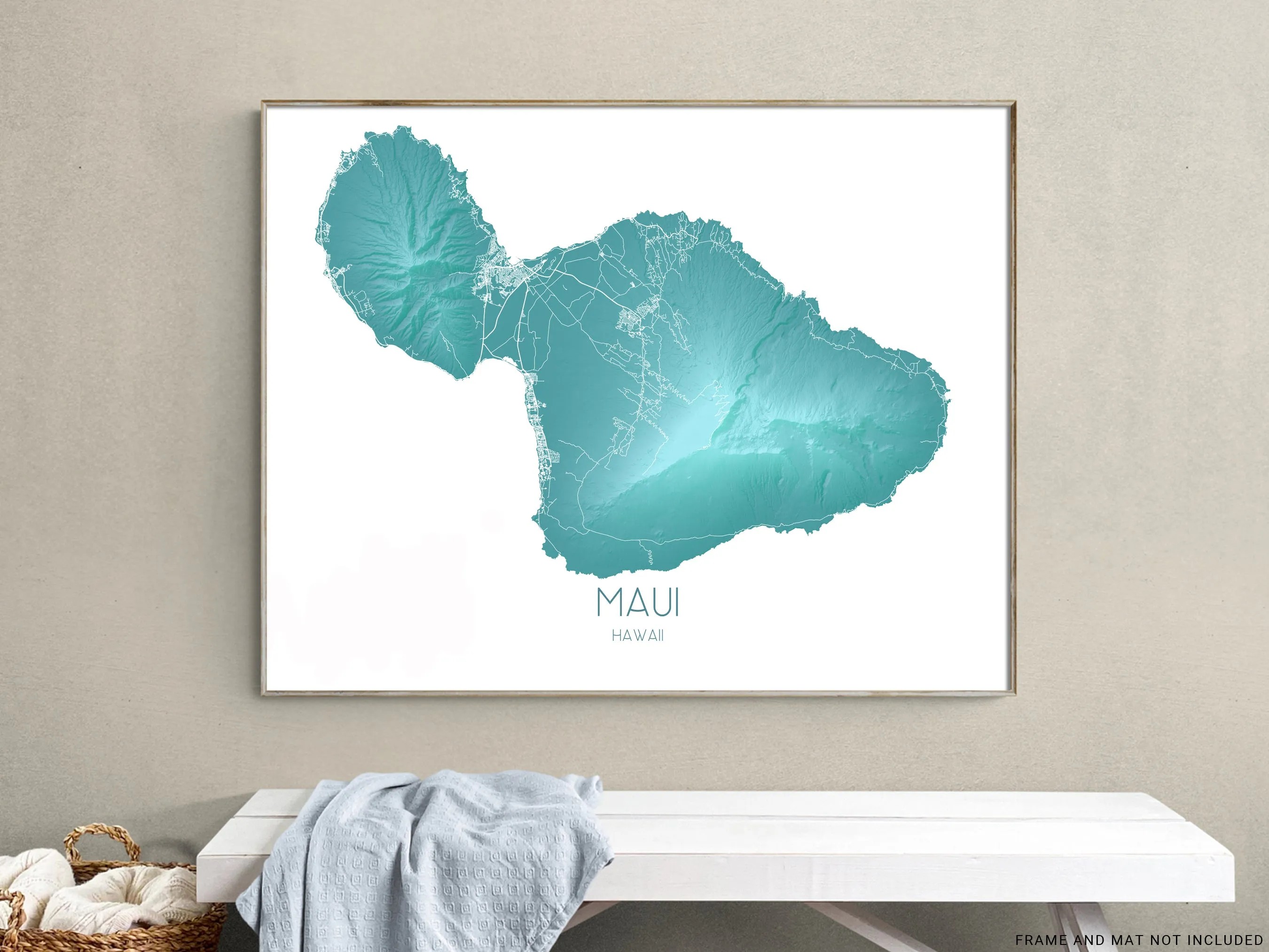 Maui Map Print, Hawaiian Islands Wall Art Poster, Turquoise Maui Hawaii Island Maps