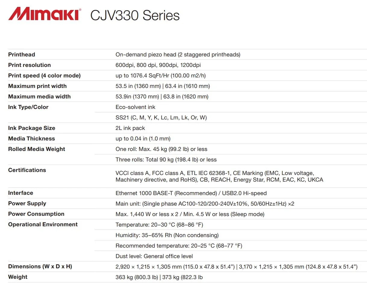 Mimaki CJV330 Series - from $15,995 - Additional Fees May Apply