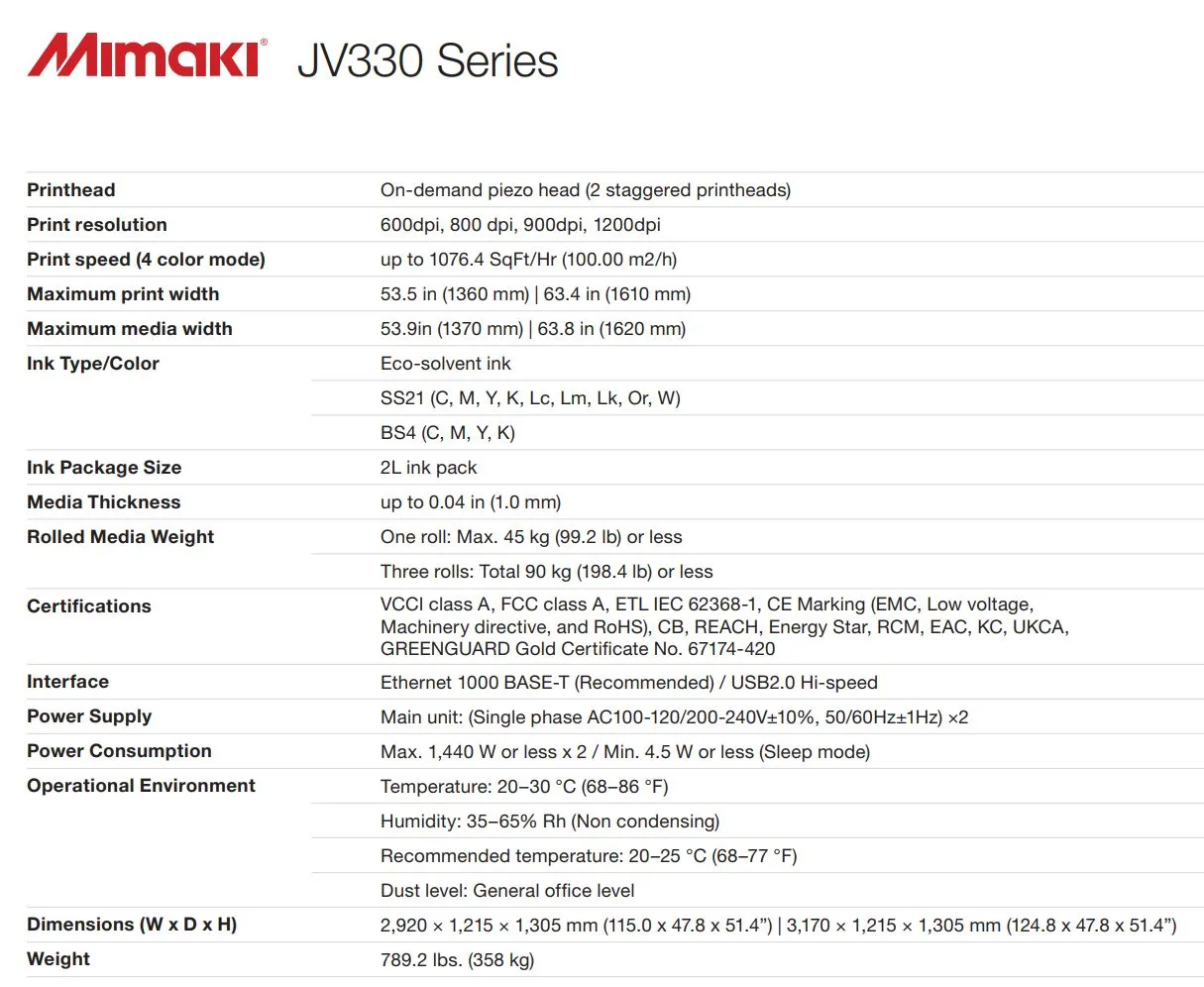 Mimaki JV330 Series - from $14,995 - Additional Fees May Apply