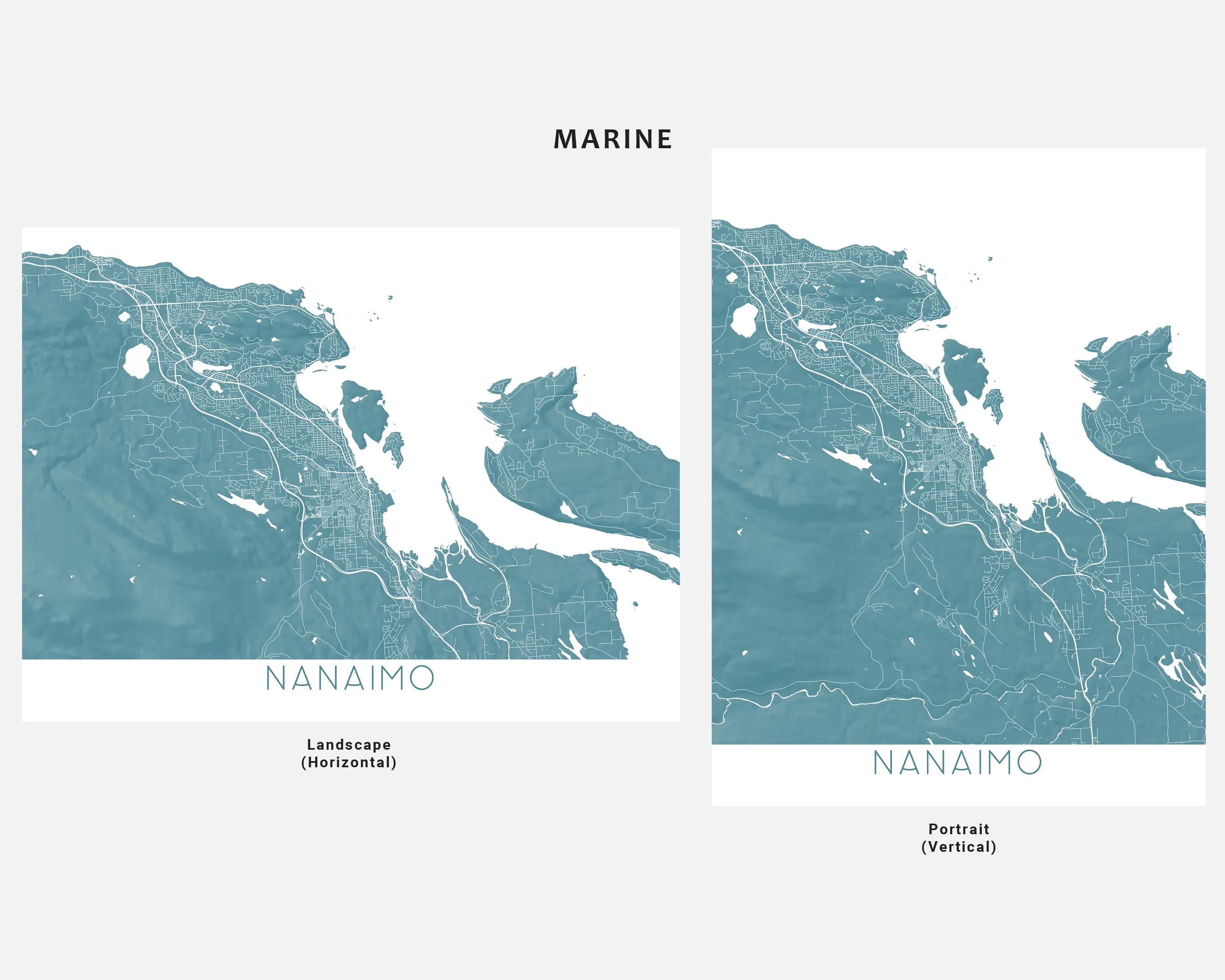 Nanaimo BC Canada City Street Map Wall Art Print Poster, Topographic Map of Nanaimo Vancouver Island Road Maps