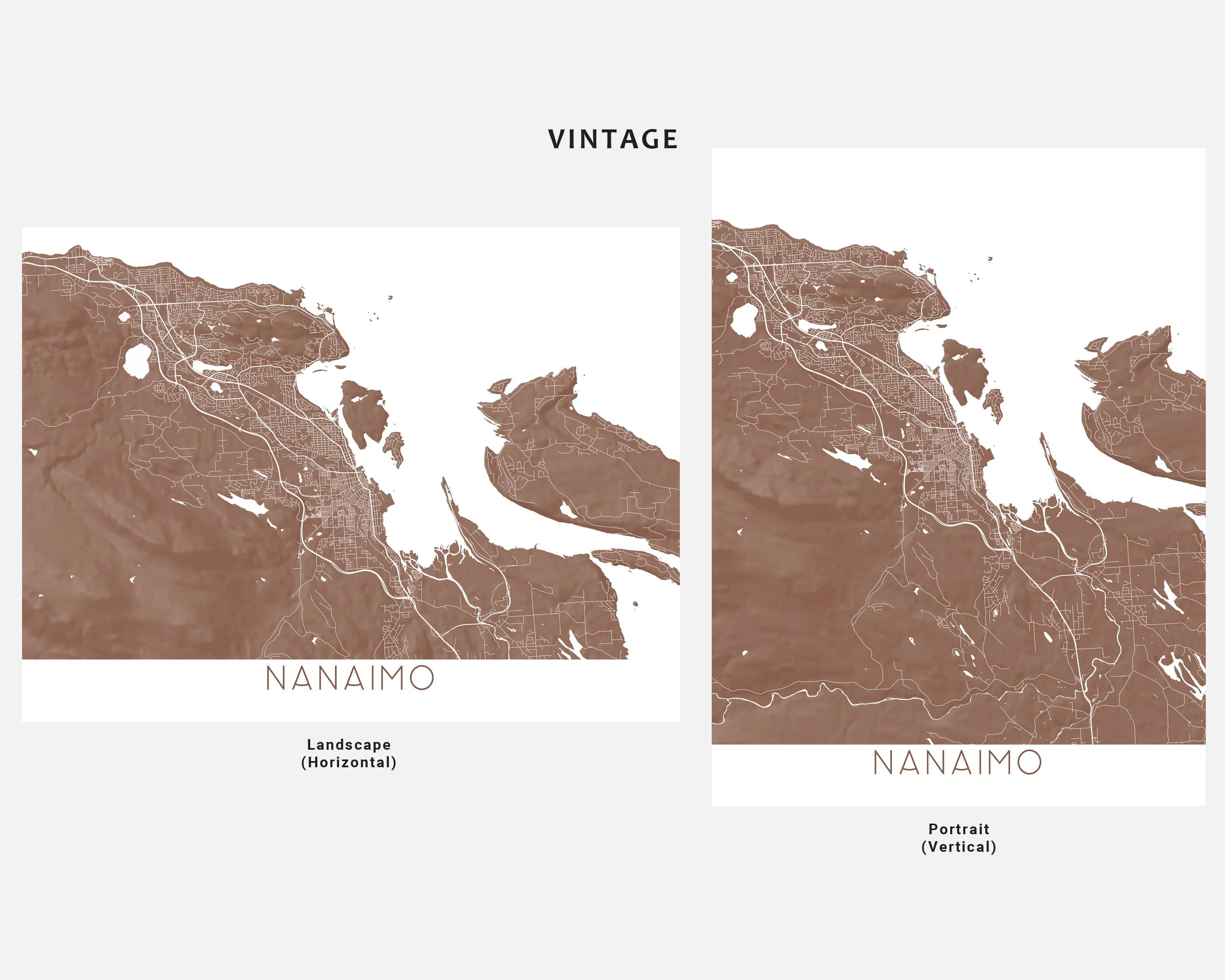 Nanaimo BC Canada City Street Map Wall Art Print Poster, Topographic Map of Nanaimo Vancouver Island Road Maps
