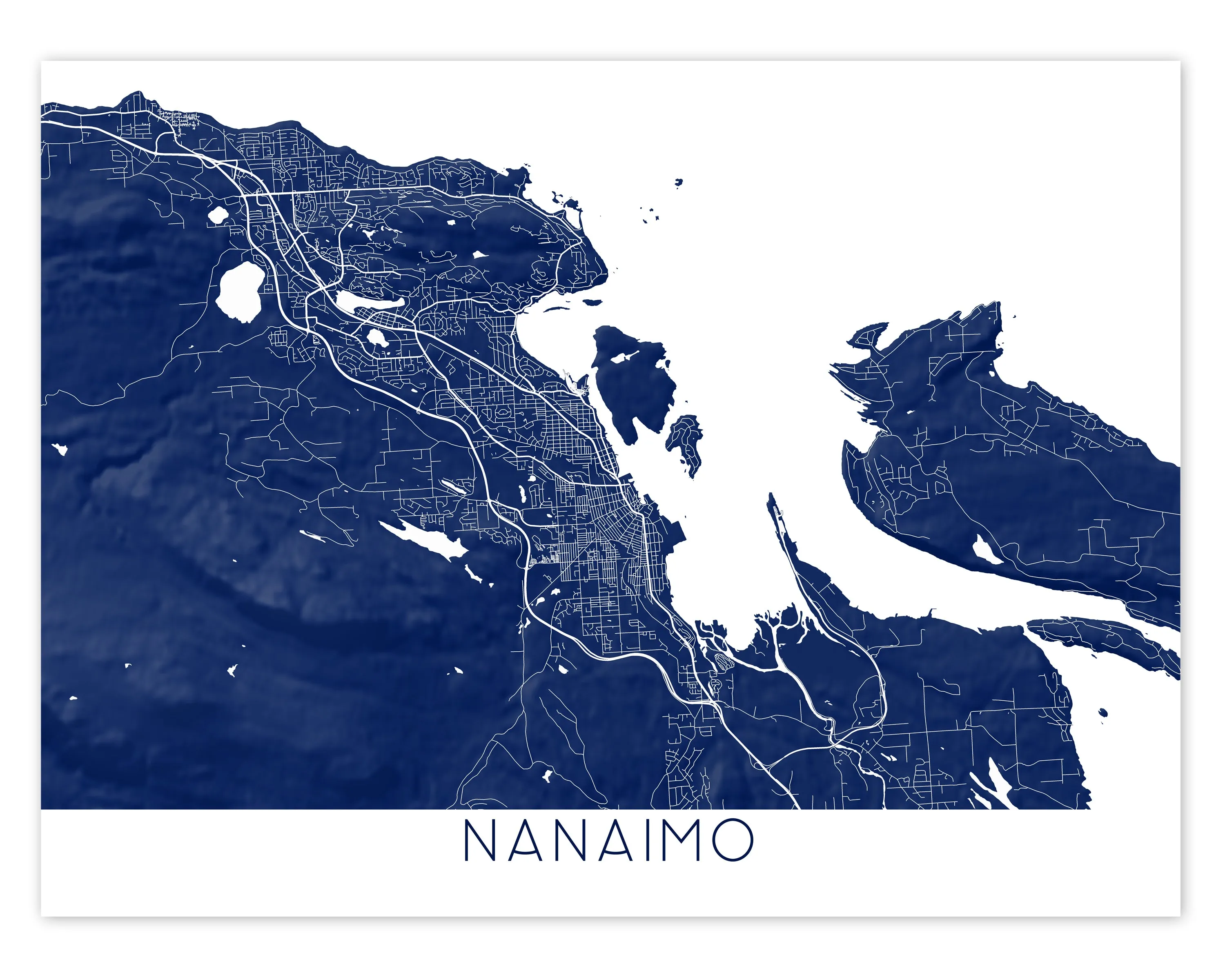 Nanaimo BC Canada City Street Map Wall Art Print Poster, Topographic Map of Nanaimo Vancouver Island Road Maps