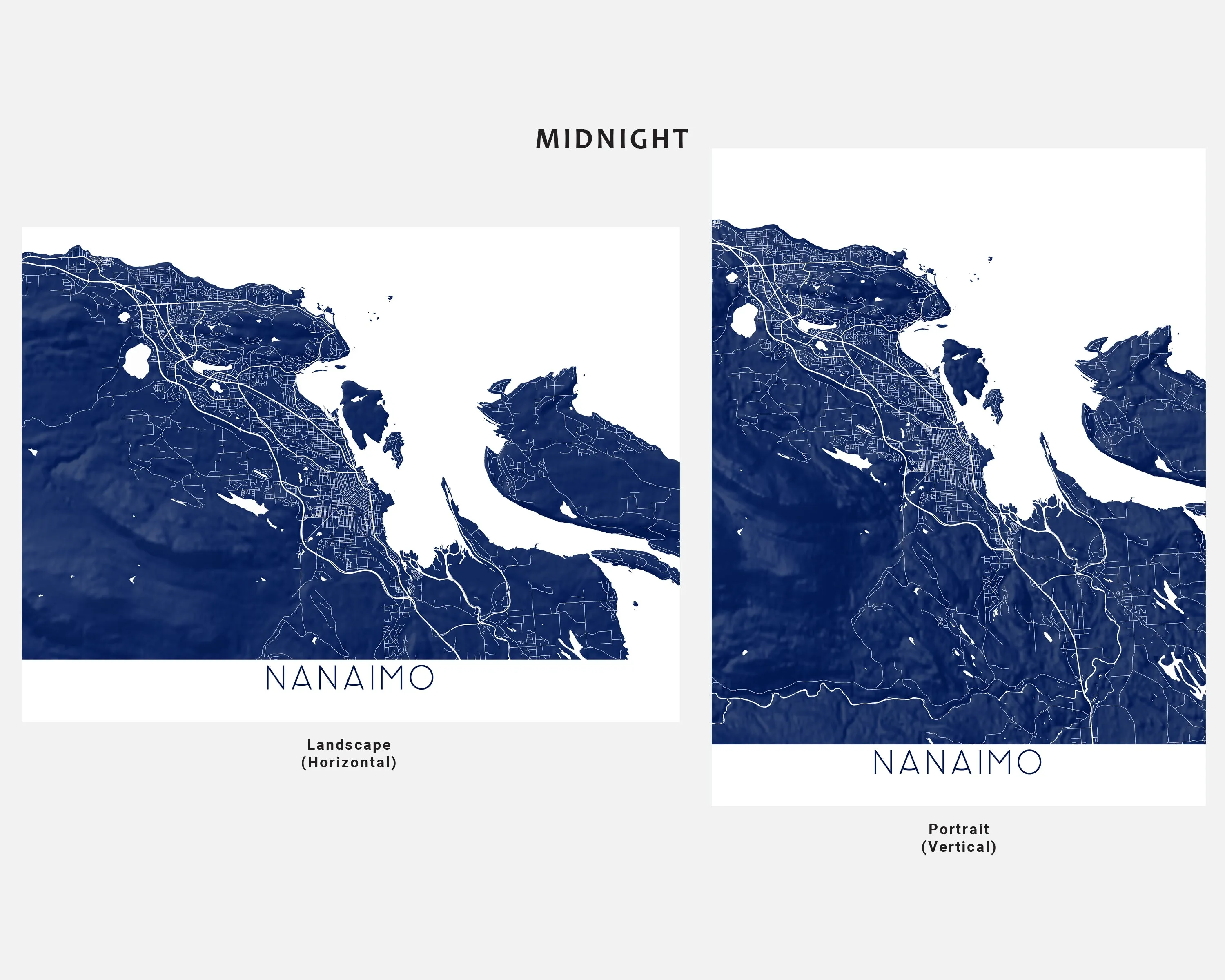 Nanaimo BC Canada City Street Map Wall Art Print Poster, Topographic Map of Nanaimo Vancouver Island Road Maps