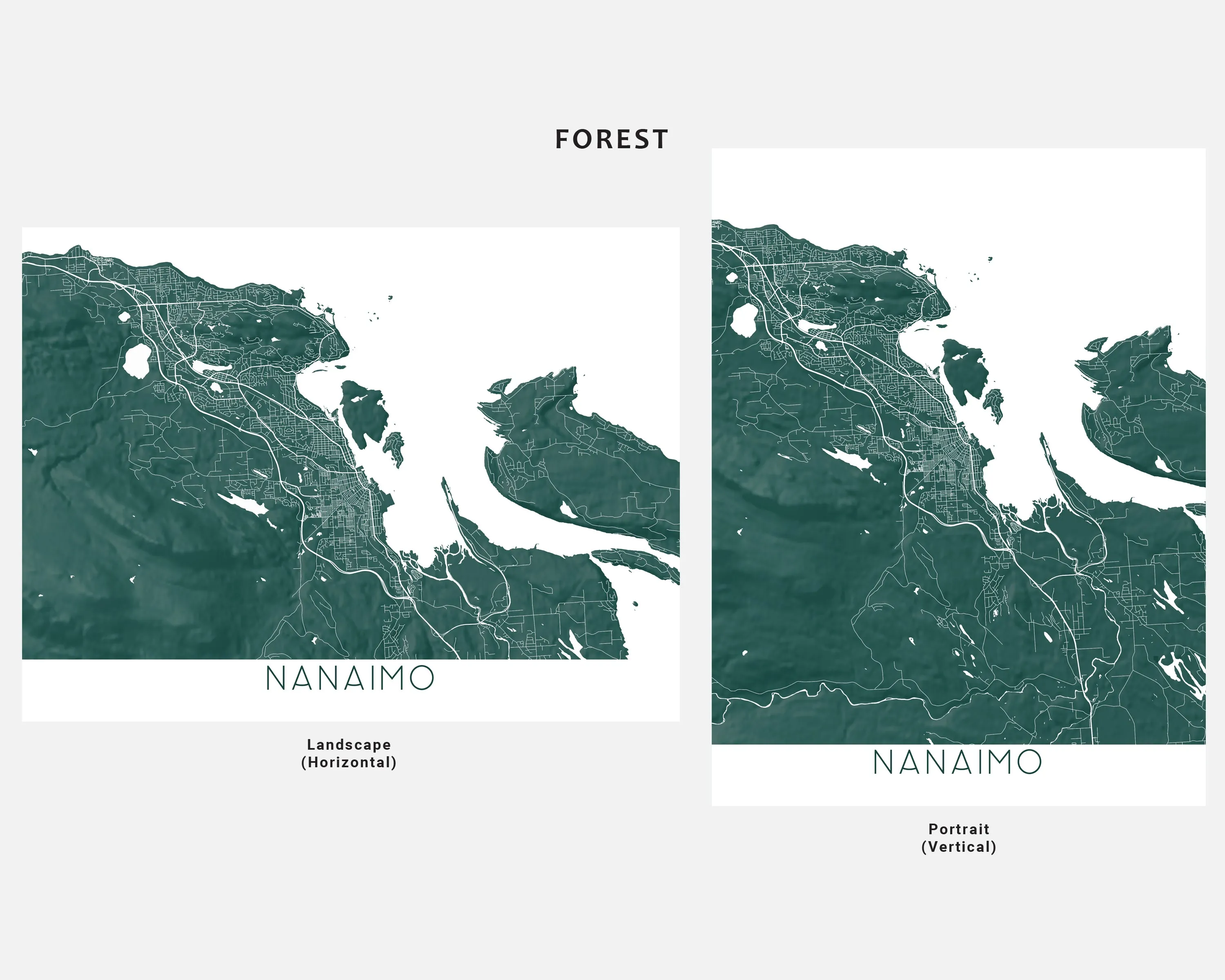 Nanaimo BC Canada City Street Map Wall Art Print Poster, Topographic Map of Nanaimo Vancouver Island Road Maps