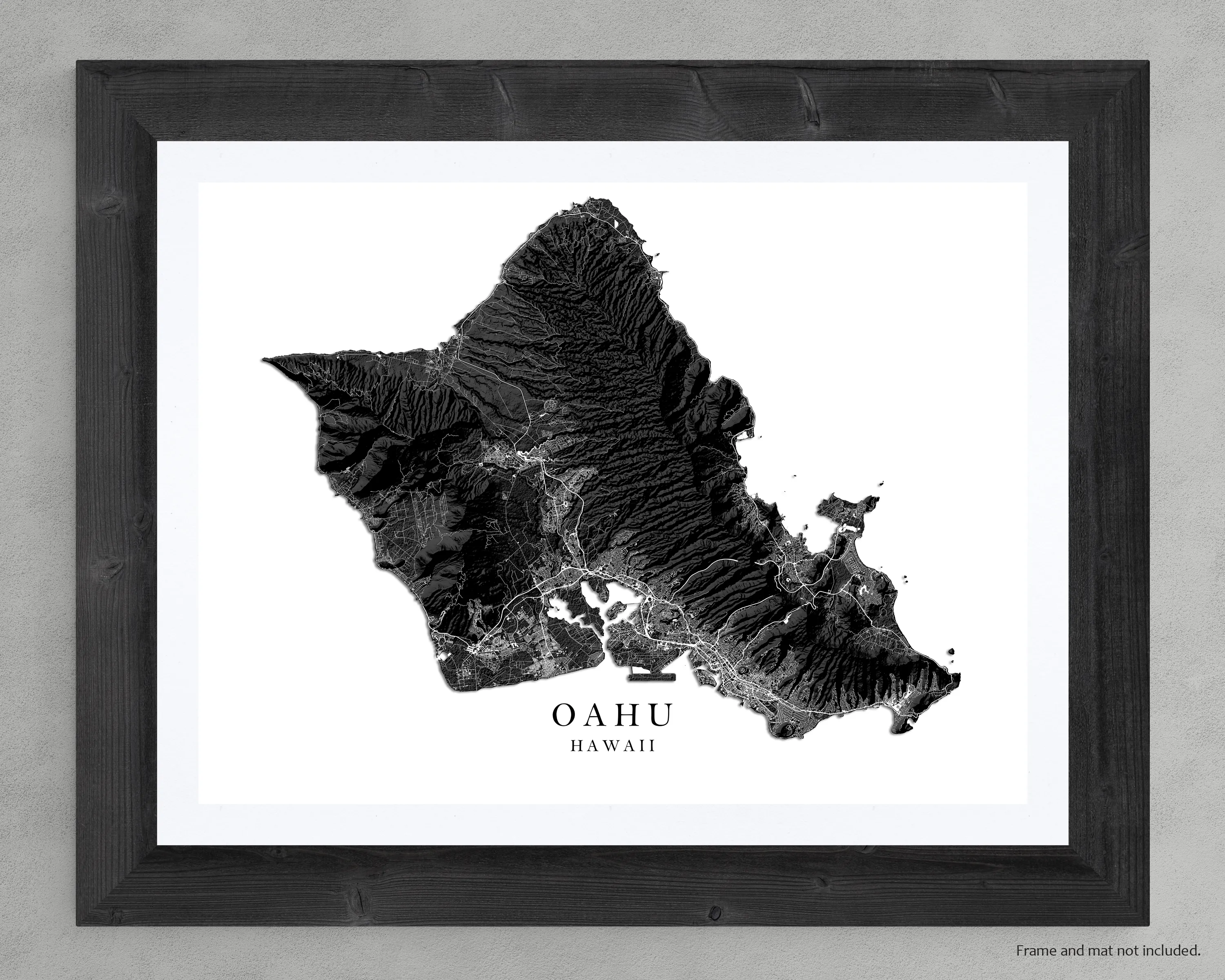 Oahu Hawaii Map Wall Art Print Poster, Black and White Topographic Hawaiian Islands Maps, Honolulu Waikiki North Shore Hanauma Bay Pearl Harbor