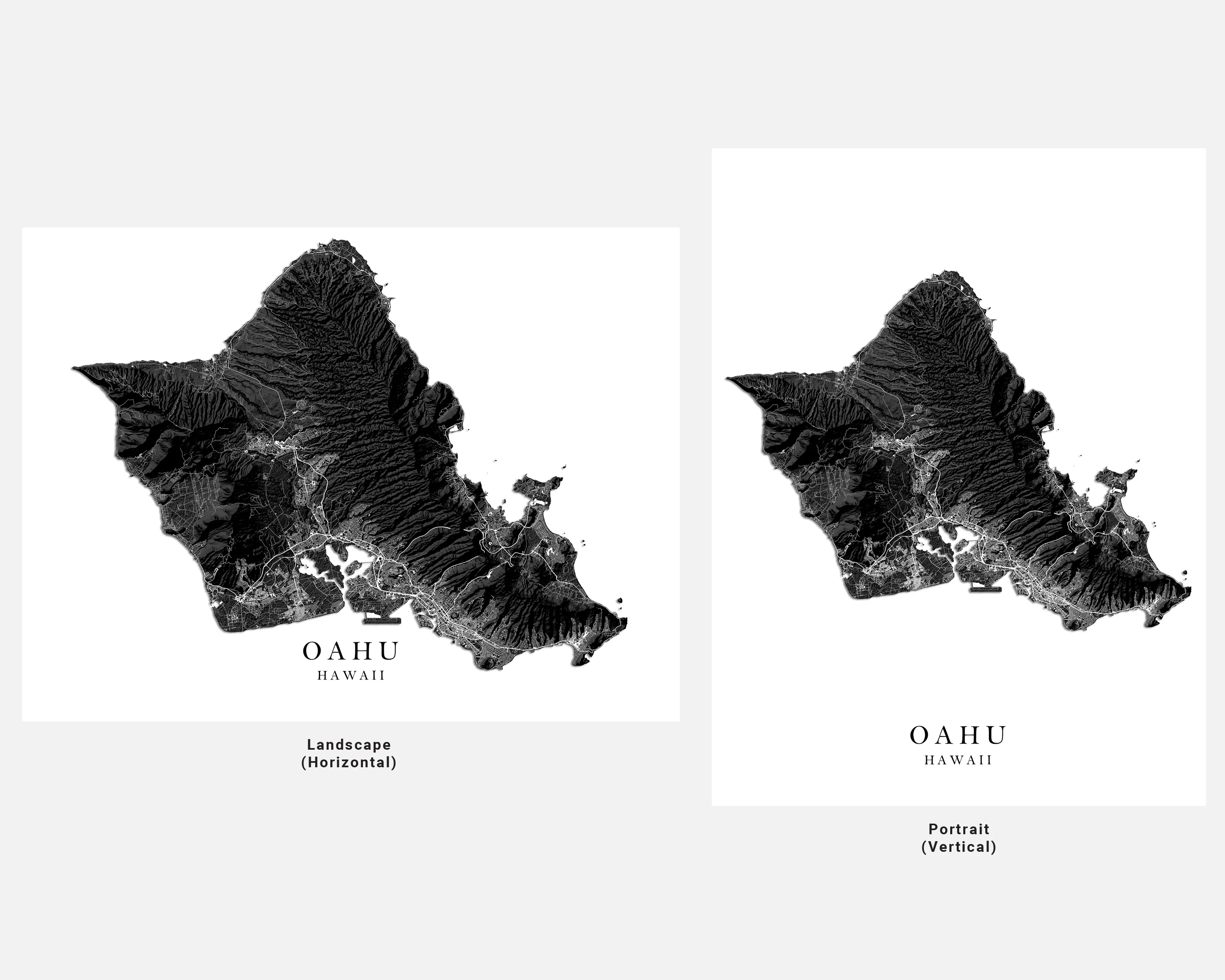 Oahu Hawaii Map Wall Art Print Poster, Black and White Topographic Hawaiian Islands Maps, Honolulu Waikiki North Shore Hanauma Bay Pearl Harbor