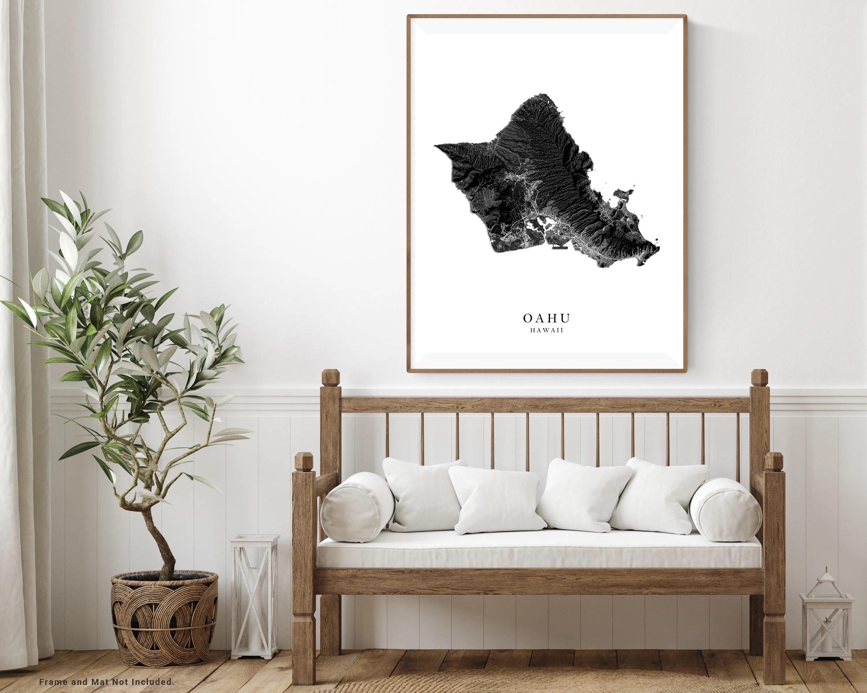 Oahu Hawaii Map Wall Art Print Poster, Black and White Topographic Hawaiian Islands Maps, Honolulu Waikiki North Shore Hanauma Bay Pearl Harbor