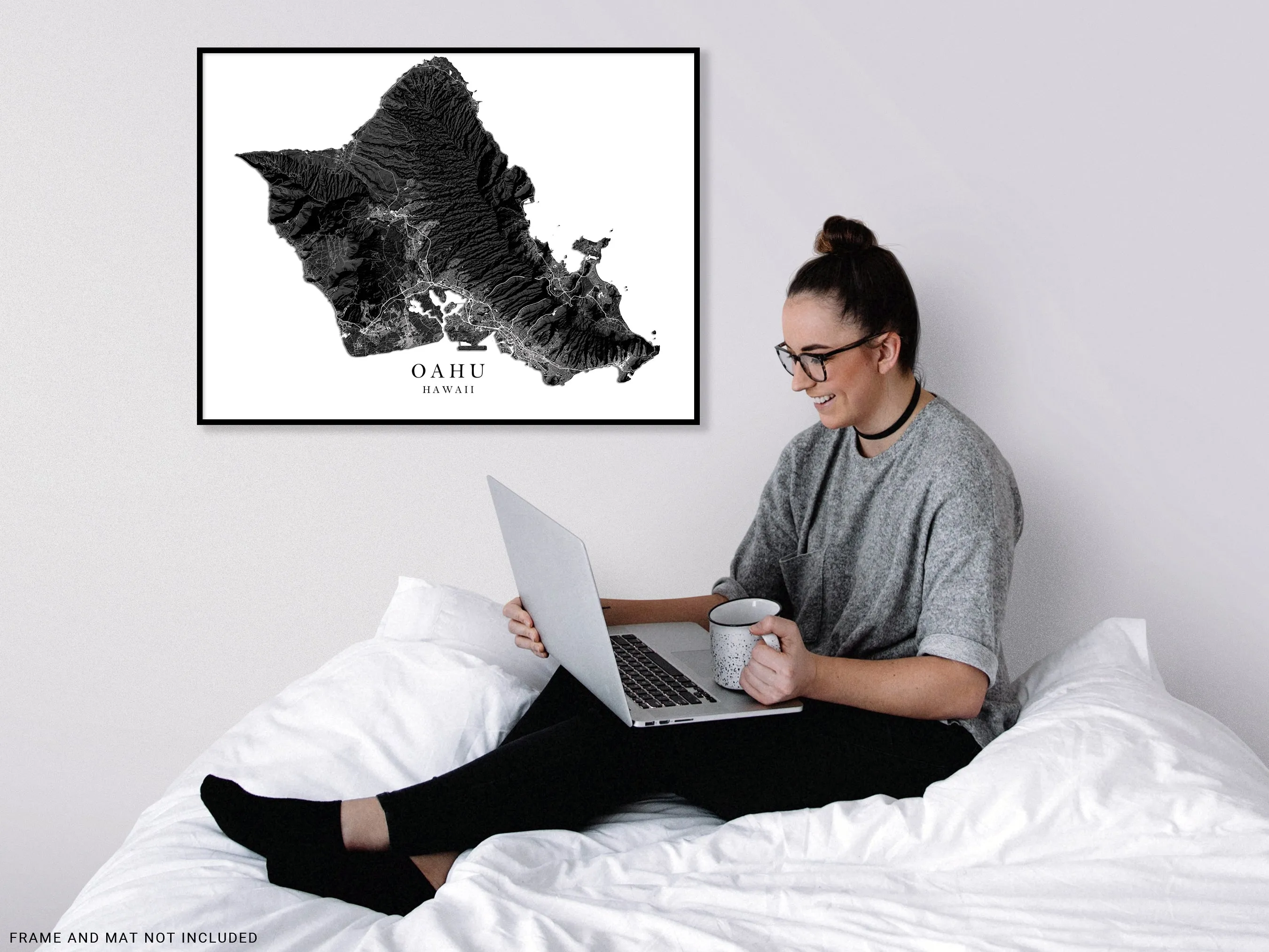 Oahu Hawaii Map Wall Art Print Poster, Black and White Topographic Hawaiian Islands Maps, Honolulu Waikiki North Shore Hanauma Bay Pearl Harbor