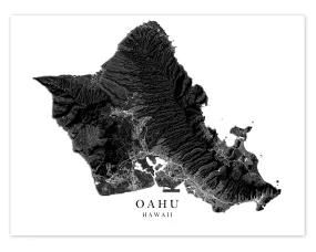 Oahu Hawaii Map Wall Art Print Poster, Black and White Topographic Hawaiian Islands Maps, Honolulu Waikiki North Shore Hanauma Bay Pearl Harbor