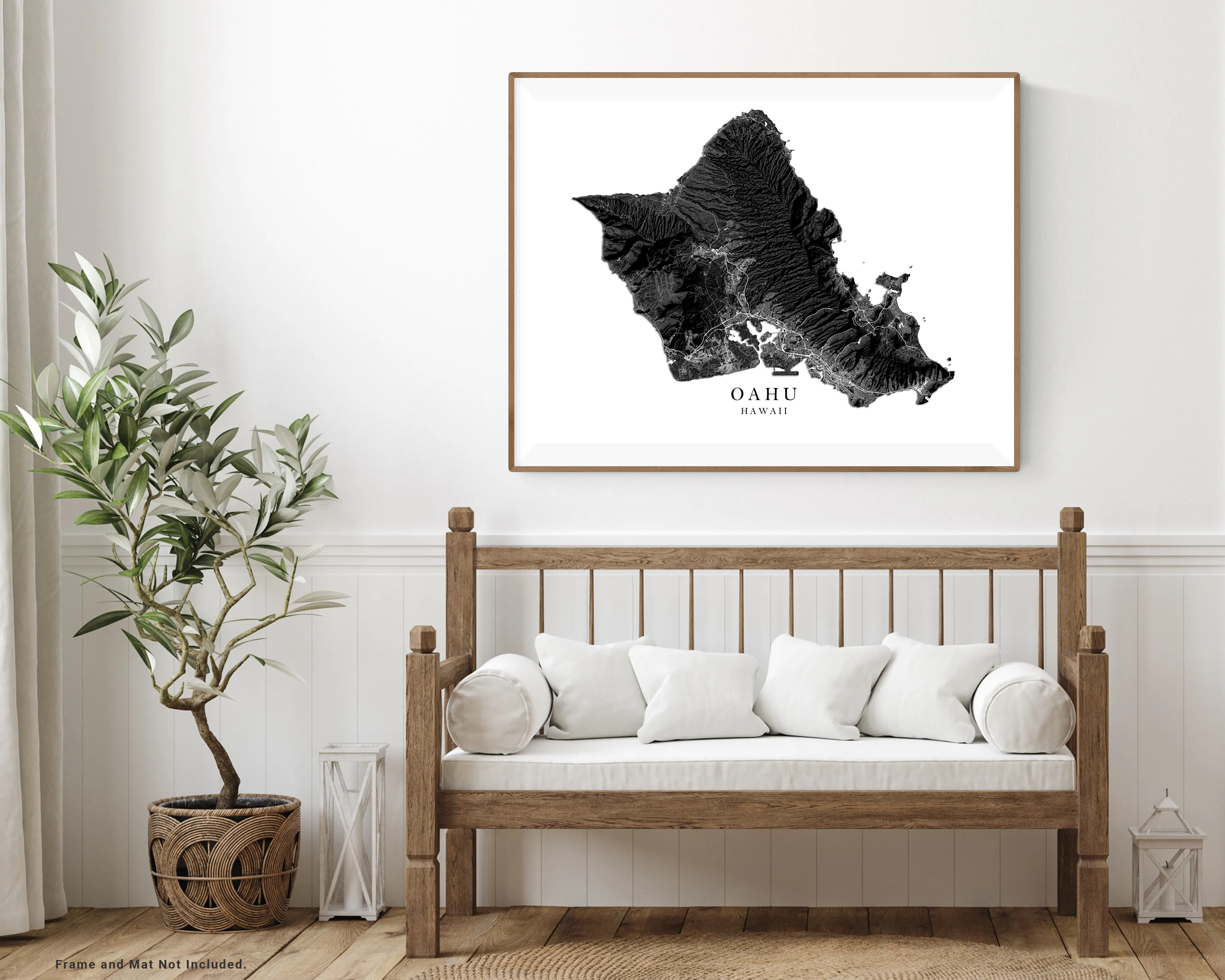 Oahu Hawaii Map Wall Art Print Poster, Black and White Topographic Hawaiian Islands Maps, Honolulu Waikiki North Shore Hanauma Bay Pearl Harbor