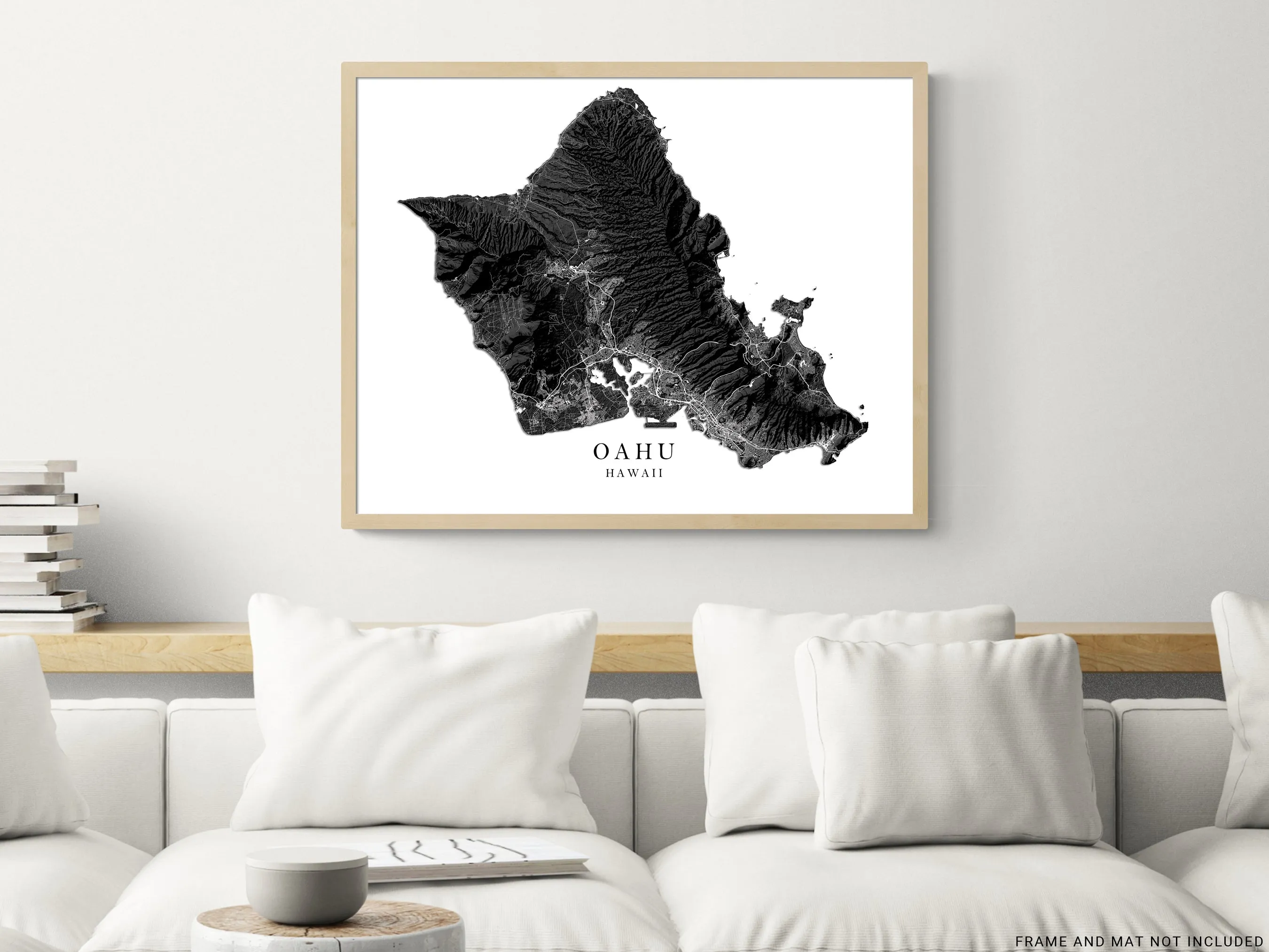 Oahu Hawaii Map Wall Art Print Poster, Black and White Topographic Hawaiian Islands Maps, Honolulu Waikiki North Shore Hanauma Bay Pearl Harbor