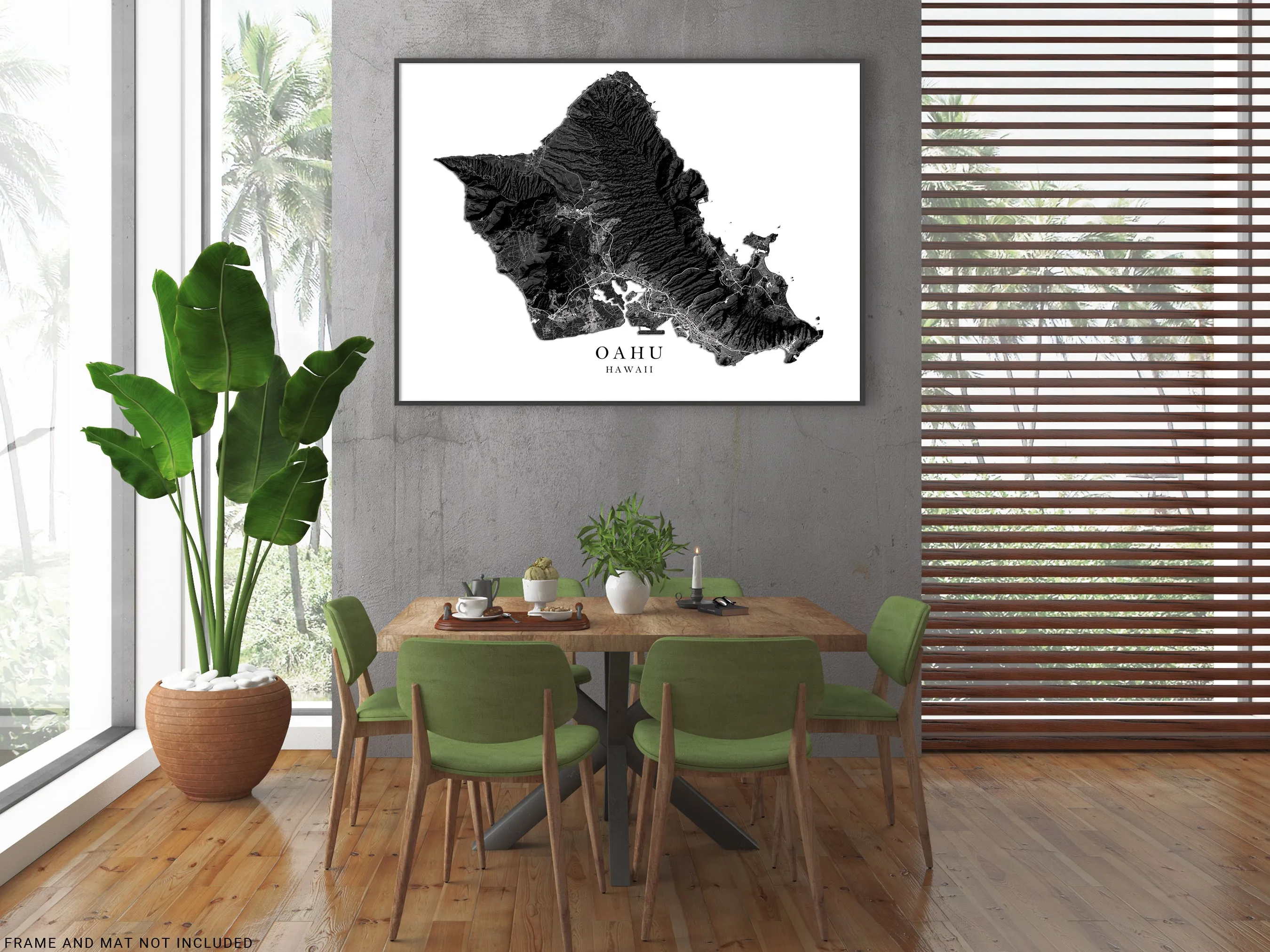 Oahu Hawaii Map Wall Art Print Poster, Black and White Topographic Hawaiian Islands Maps, Honolulu Waikiki North Shore Hanauma Bay Pearl Harbor
