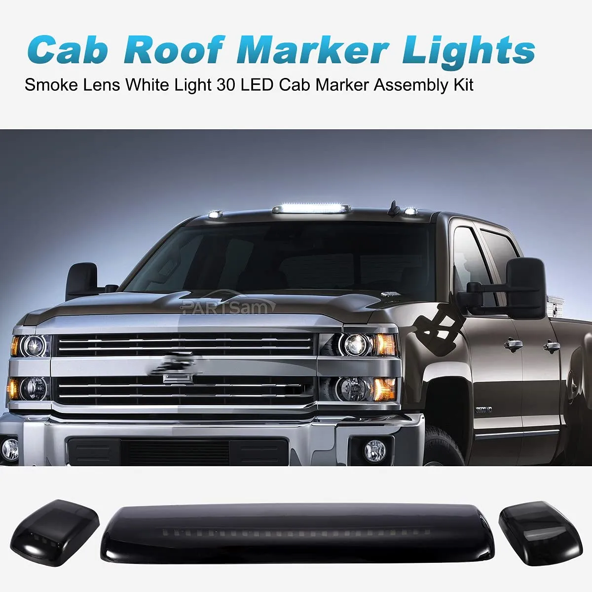 Partsam 3Pcs Smoked White Cab Marker Lights Replacement for Silverado/Sierra 1500 2500 3500 2015 2016 2017 2018 2019 White 30 LED Cab Roof Top Clearance Marker Running Lights Lamps w/Wiring Pack