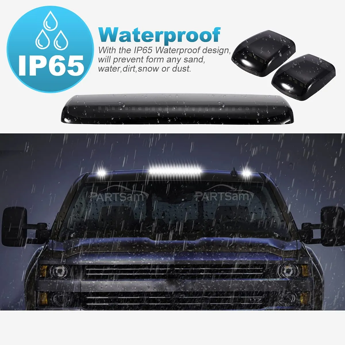 Partsam 3Pcs Smoked White Cab Marker Lights Replacement for Silverado/Sierra 1500 2500 3500 2015 2016 2017 2018 2019 White 30 LED Cab Roof Top Clearance Marker Running Lights Lamps w/Wiring Pack