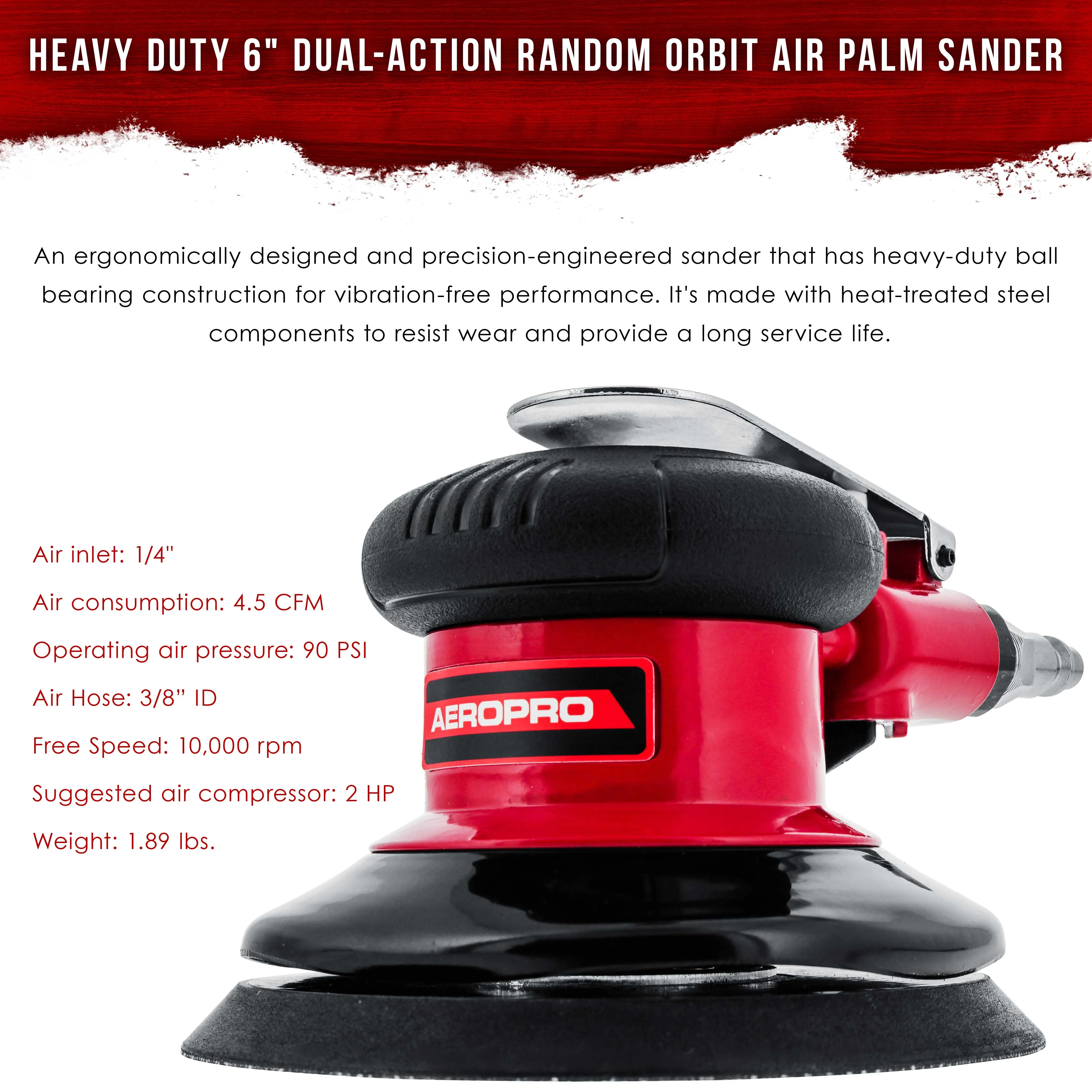 Professional Heavy Duty 6" Dual-Action Random Orbit Air Palm Sander with Both PSA and Hook & Loop Backing Pads - Orbital Pneumatic Sanding Disc Sander