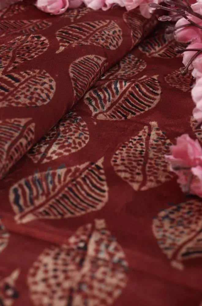 Red Ajrakh Block Printed Mashru Silk Fabric ( 1 Mtr )