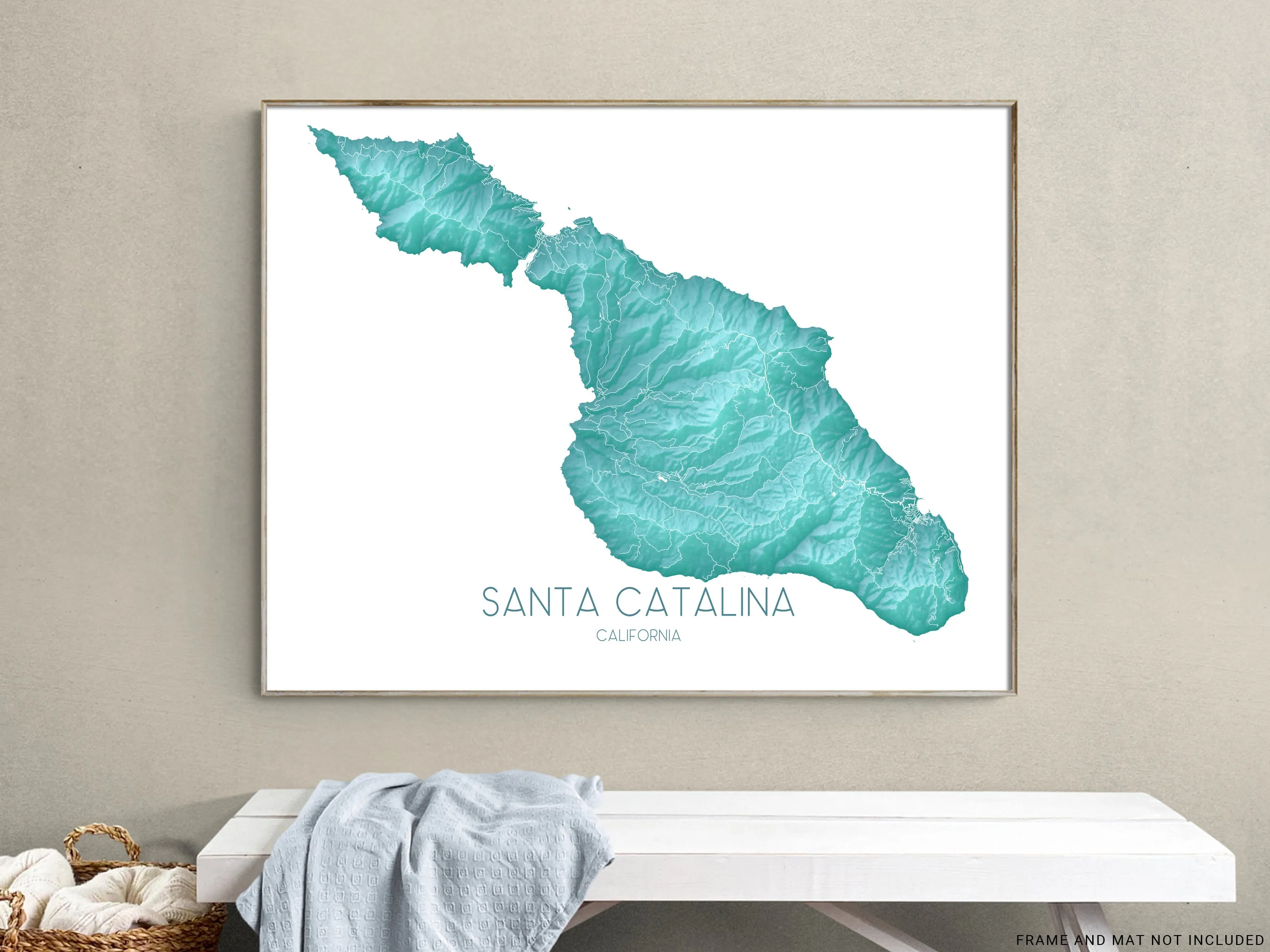 Santa Catalina Island Map Wall Art Print Poster, Turquoise Topographic Channel Islands California Street Maps