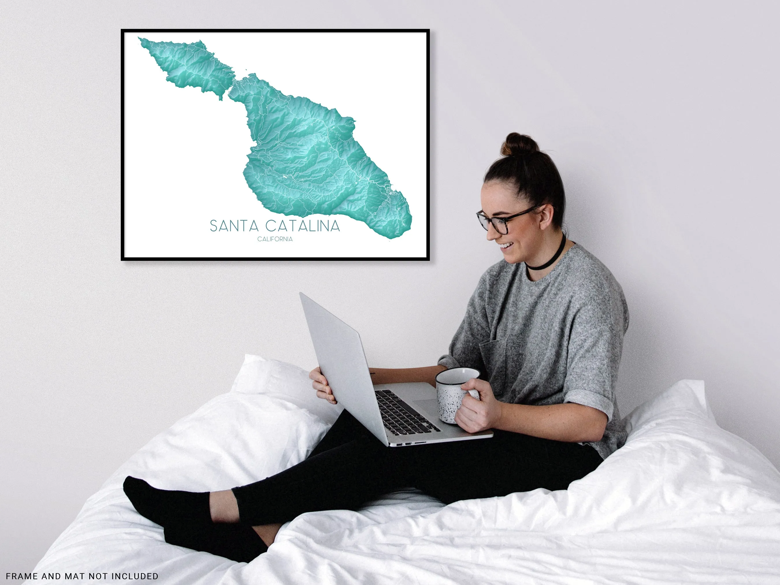 Santa Catalina Island Map Wall Art Print Poster, Turquoise Topographic Channel Islands California Street Maps
