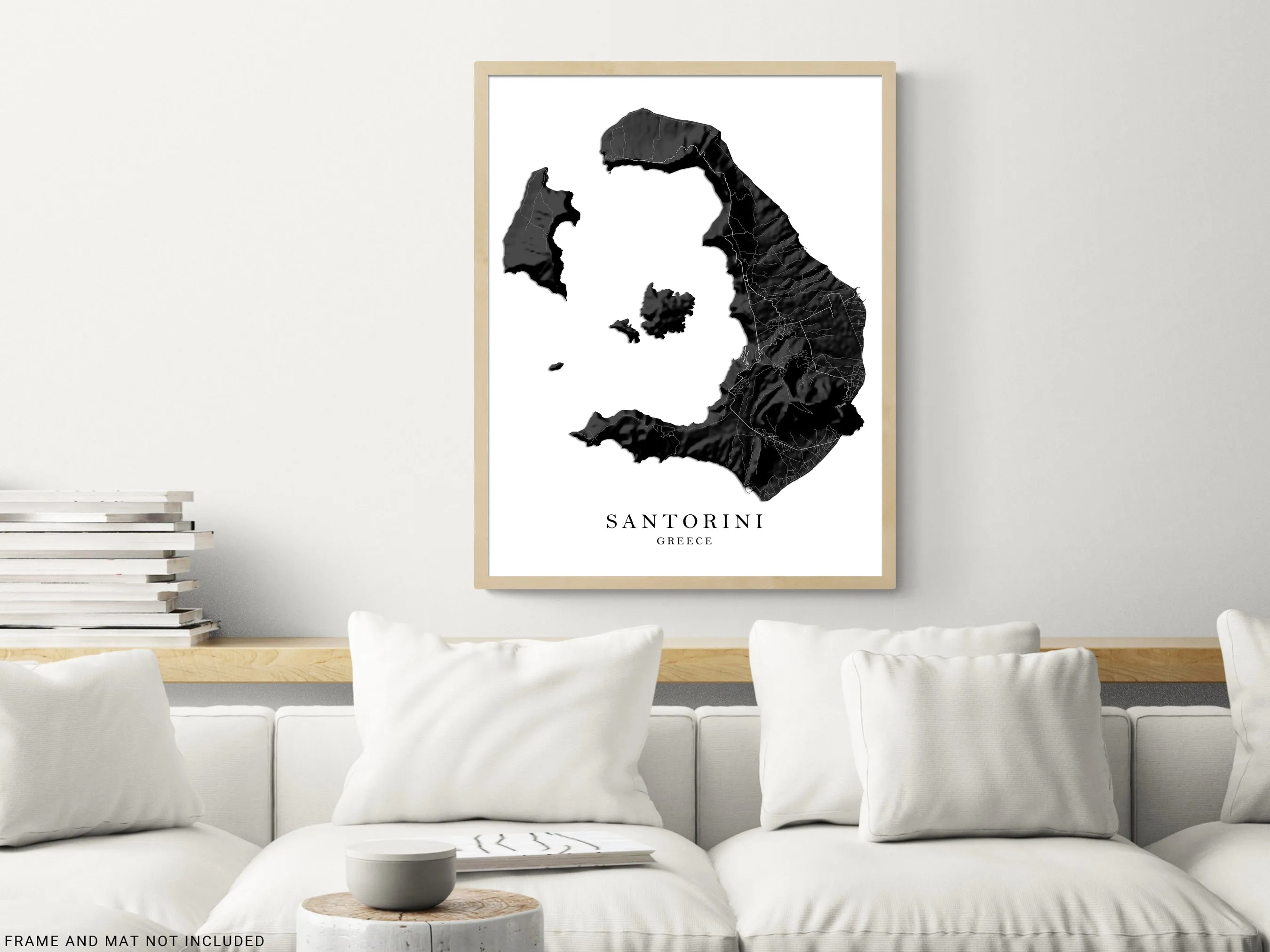 Santorini Greek Islands Map Print Poster, Black and White Topographic Thira Greece Island Wall Art Prints, Fira Oia Cyclades