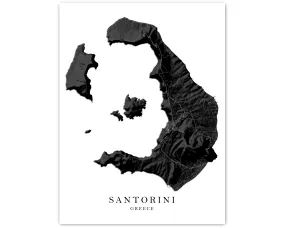 Santorini Greek Islands Map Print Poster, Black and White Topographic Thira Greece Island Wall Art Prints, Fira Oia Cyclades