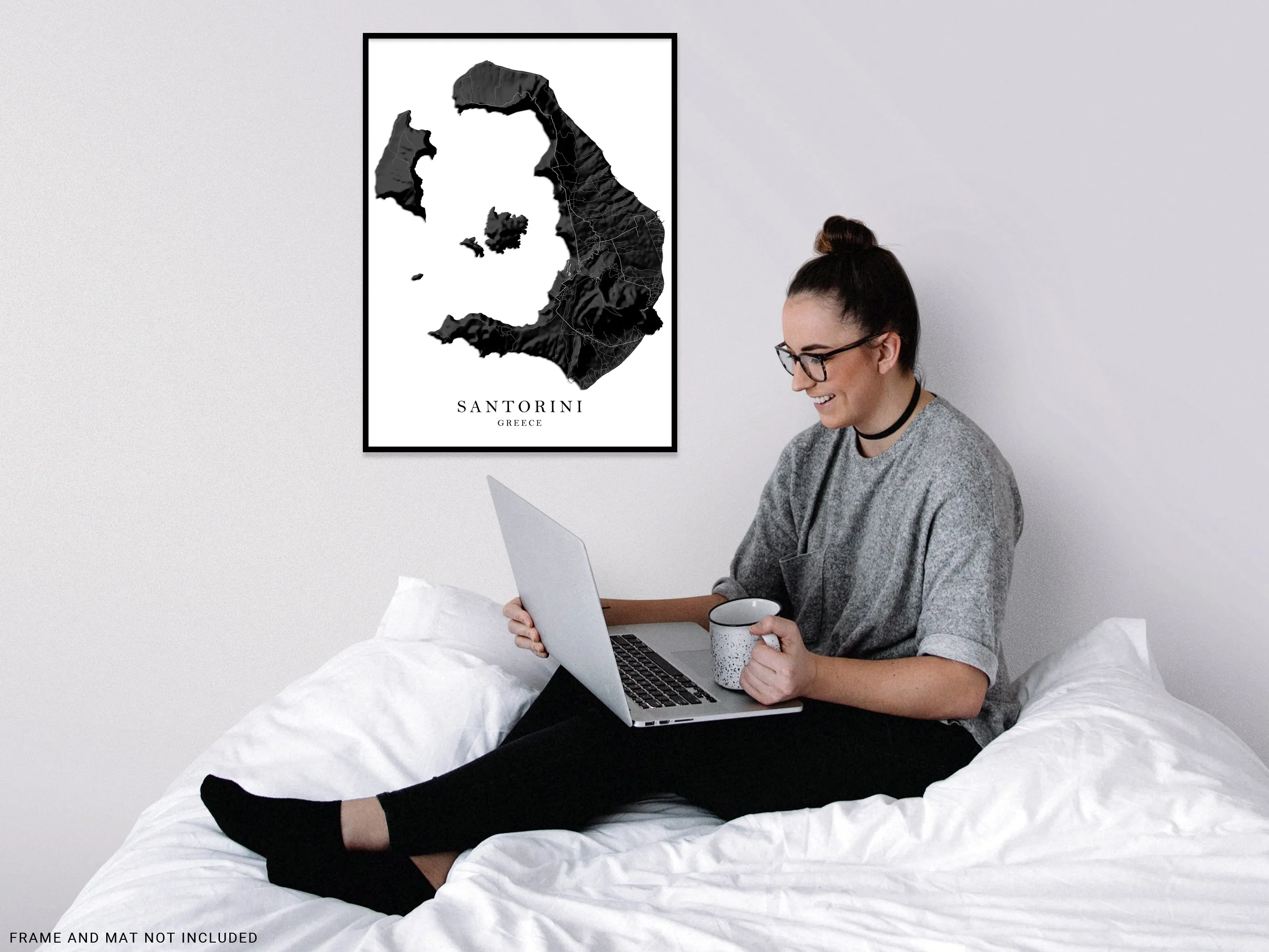 Santorini Greek Islands Map Print Poster, Black and White Topographic Thira Greece Island Wall Art Prints, Fira Oia Cyclades