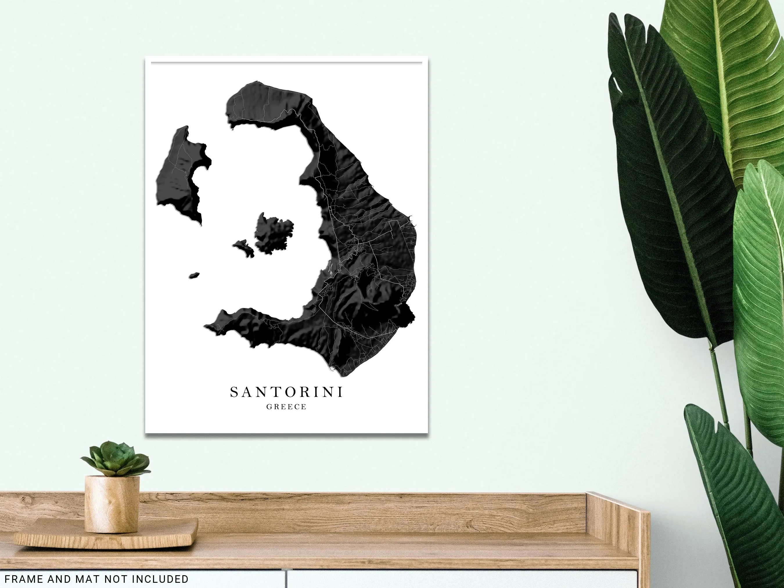 Santorini Greek Islands Map Print Poster, Black and White Topographic Thira Greece Island Wall Art Prints, Fira Oia Cyclades