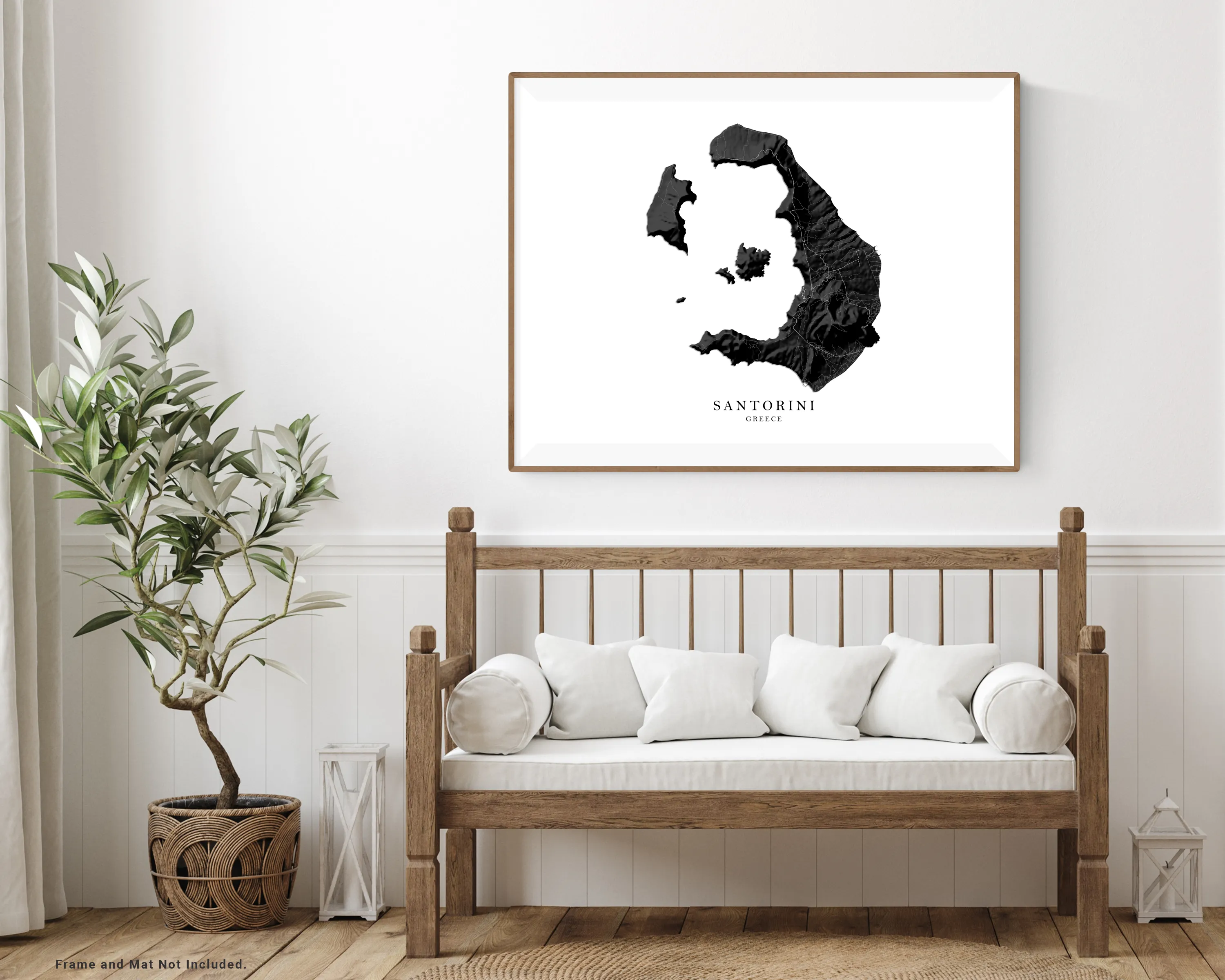 Santorini Greek Islands Map Print Poster, Black and White Topographic Thira Greece Island Wall Art Prints, Fira Oia Cyclades