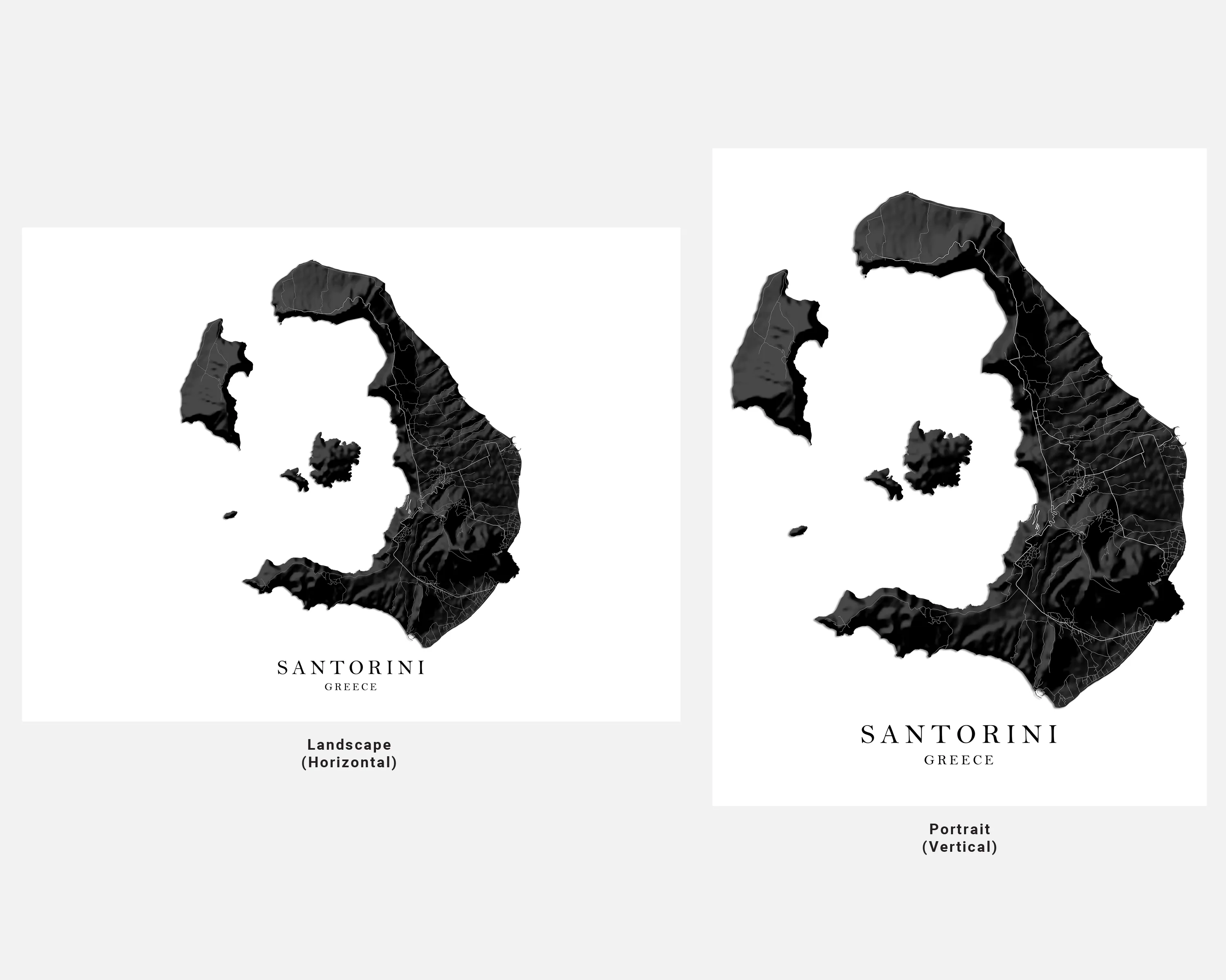 Santorini Greek Islands Map Print Poster, Black and White Topographic Thira Greece Island Wall Art Prints, Fira Oia Cyclades