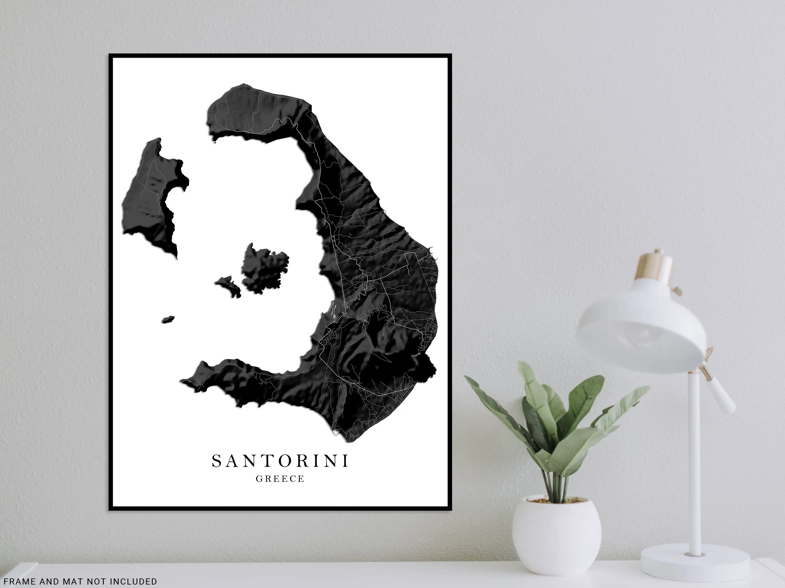 Santorini Greek Islands Map Print Poster, Black and White Topographic Thira Greece Island Wall Art Prints, Fira Oia Cyclades