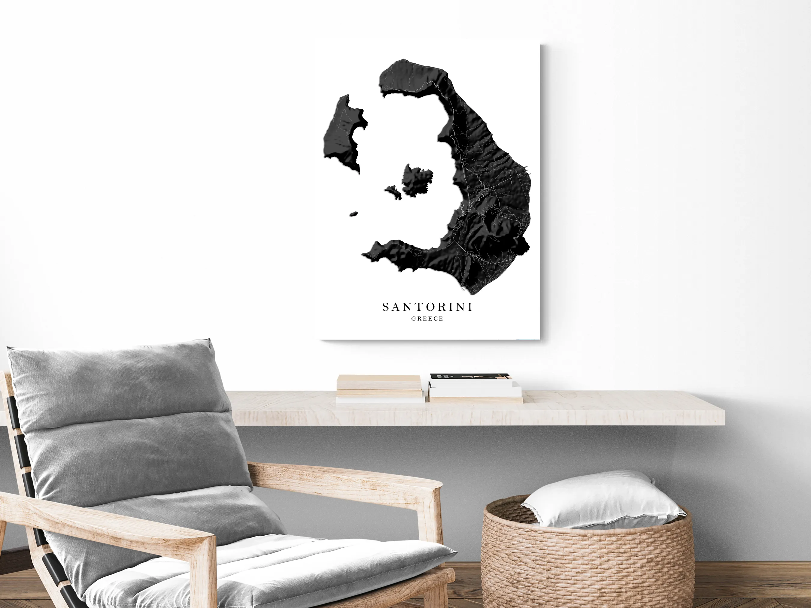 Santorini Greek Islands Map Print Poster, Black and White Topographic Thira Greece Island Wall Art Prints, Fira Oia Cyclades