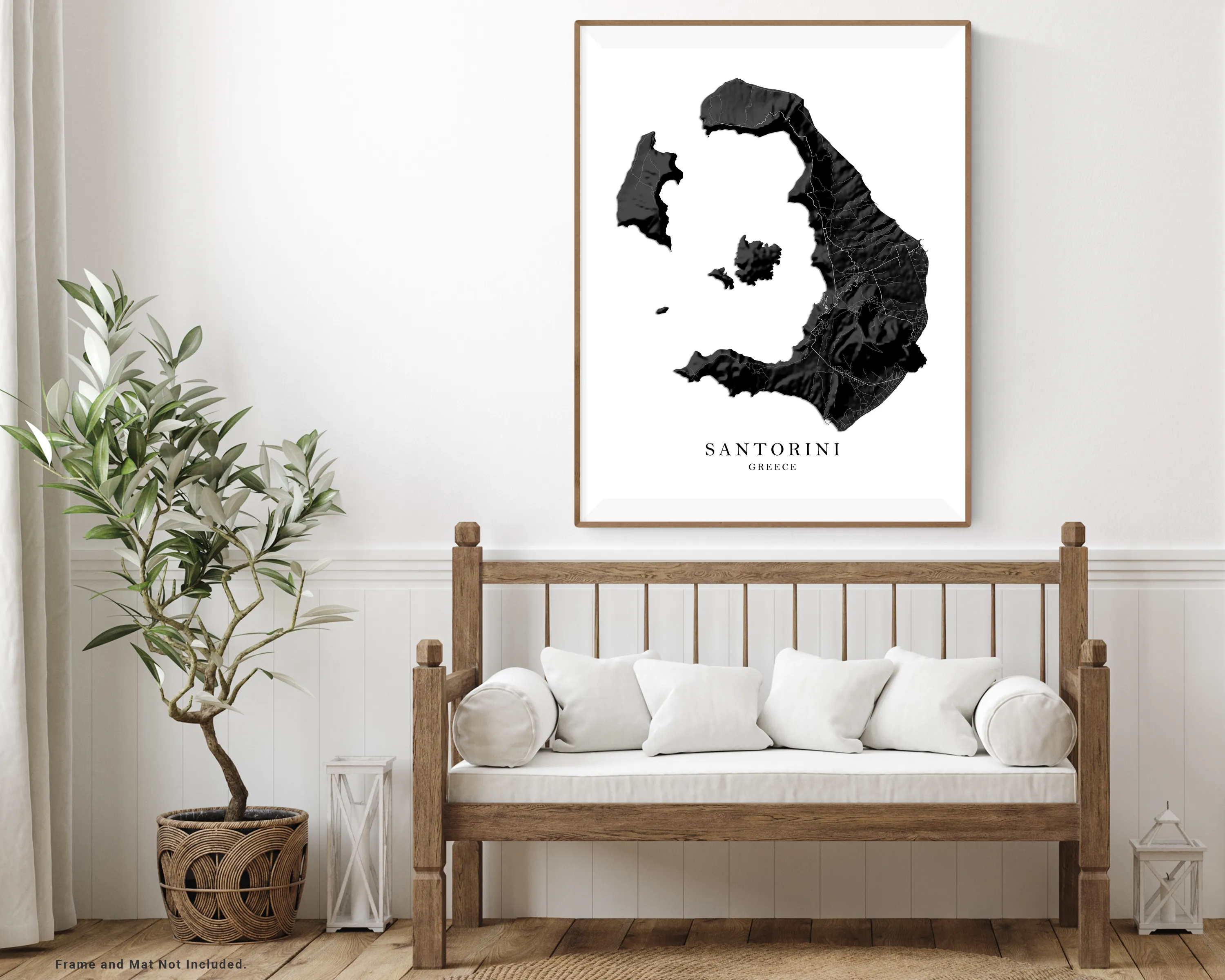 Santorini Greek Islands Map Print Poster, Black and White Topographic Thira Greece Island Wall Art Prints, Fira Oia Cyclades