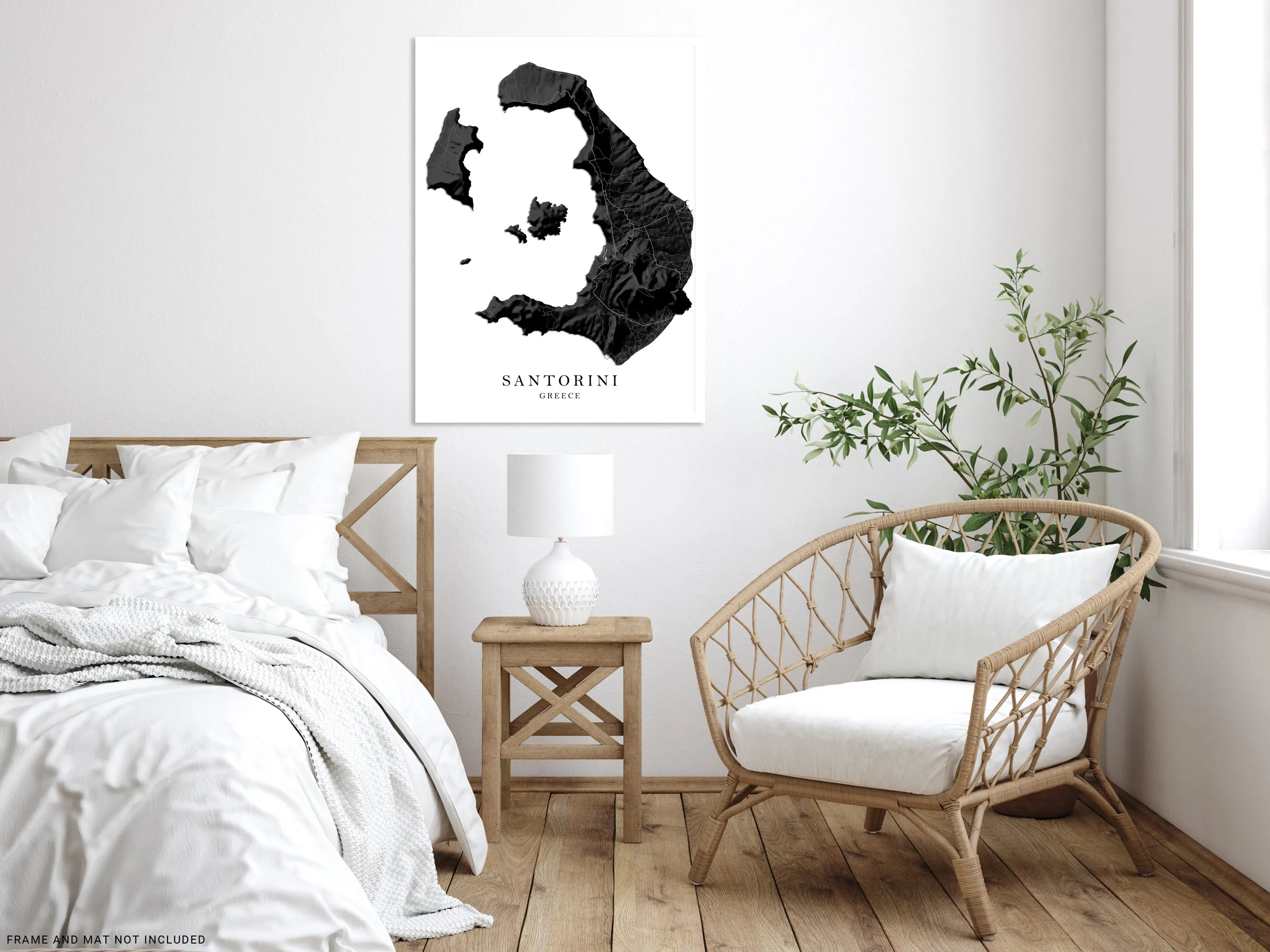 Santorini Greek Islands Map Print Poster, Black and White Topographic Thira Greece Island Wall Art Prints, Fira Oia Cyclades