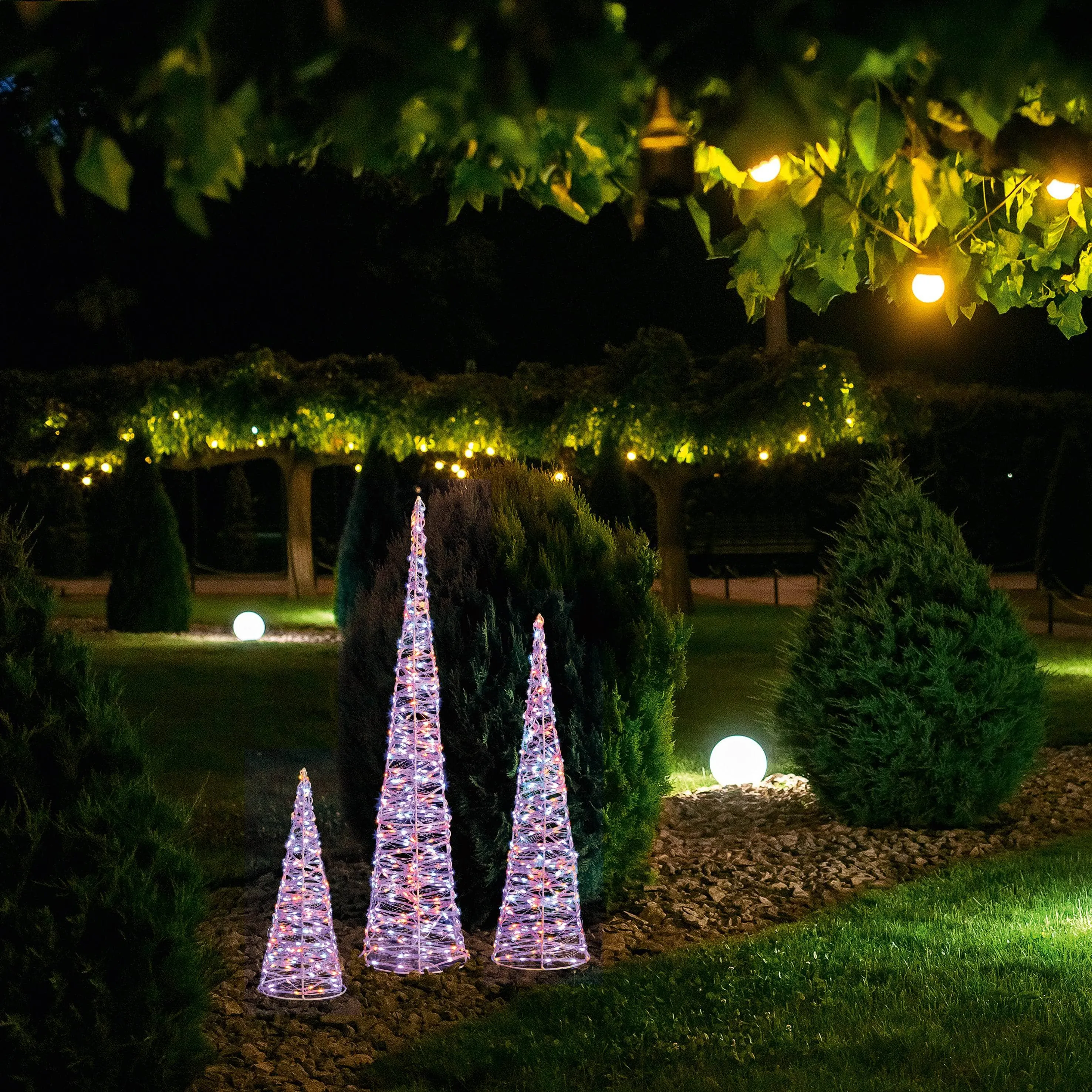 Set of 3 White Christmas Cones With 900 Rainbow LEDs