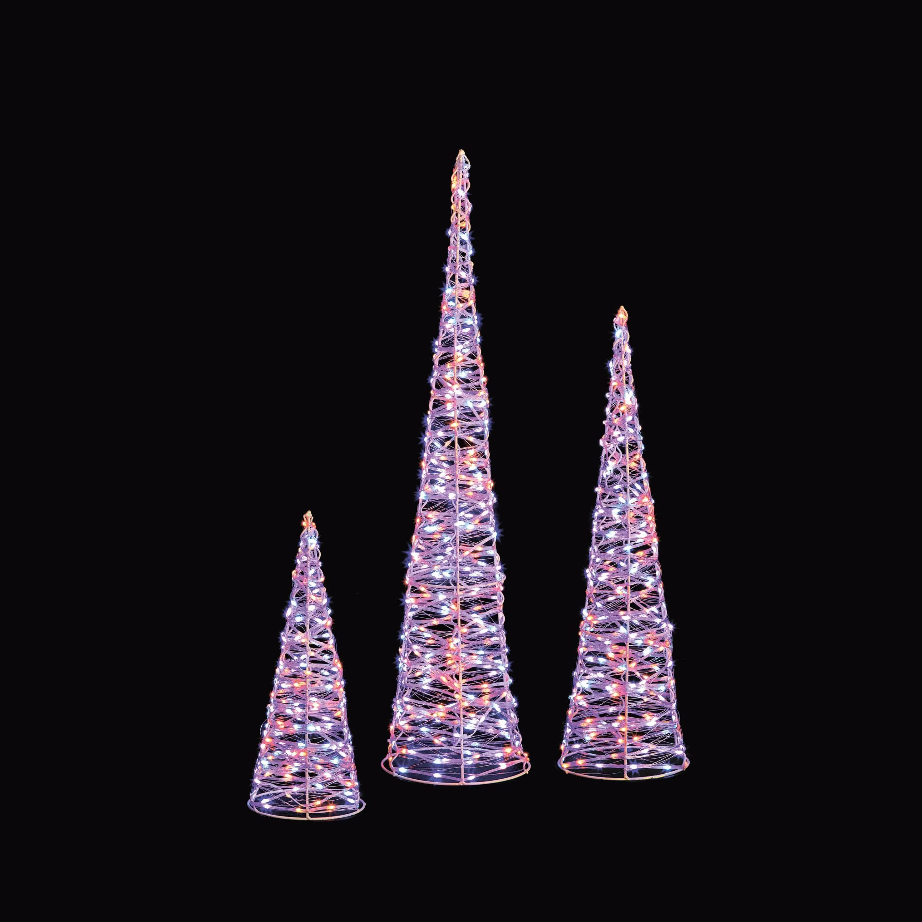 Set of 3 White Christmas Cones With 900 Rainbow LEDs