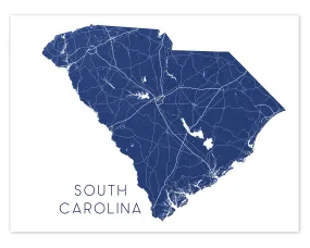 South Carolina Map Print Poster - Topographic Map of South Carolina State Wall Art Road Maps, Charleston