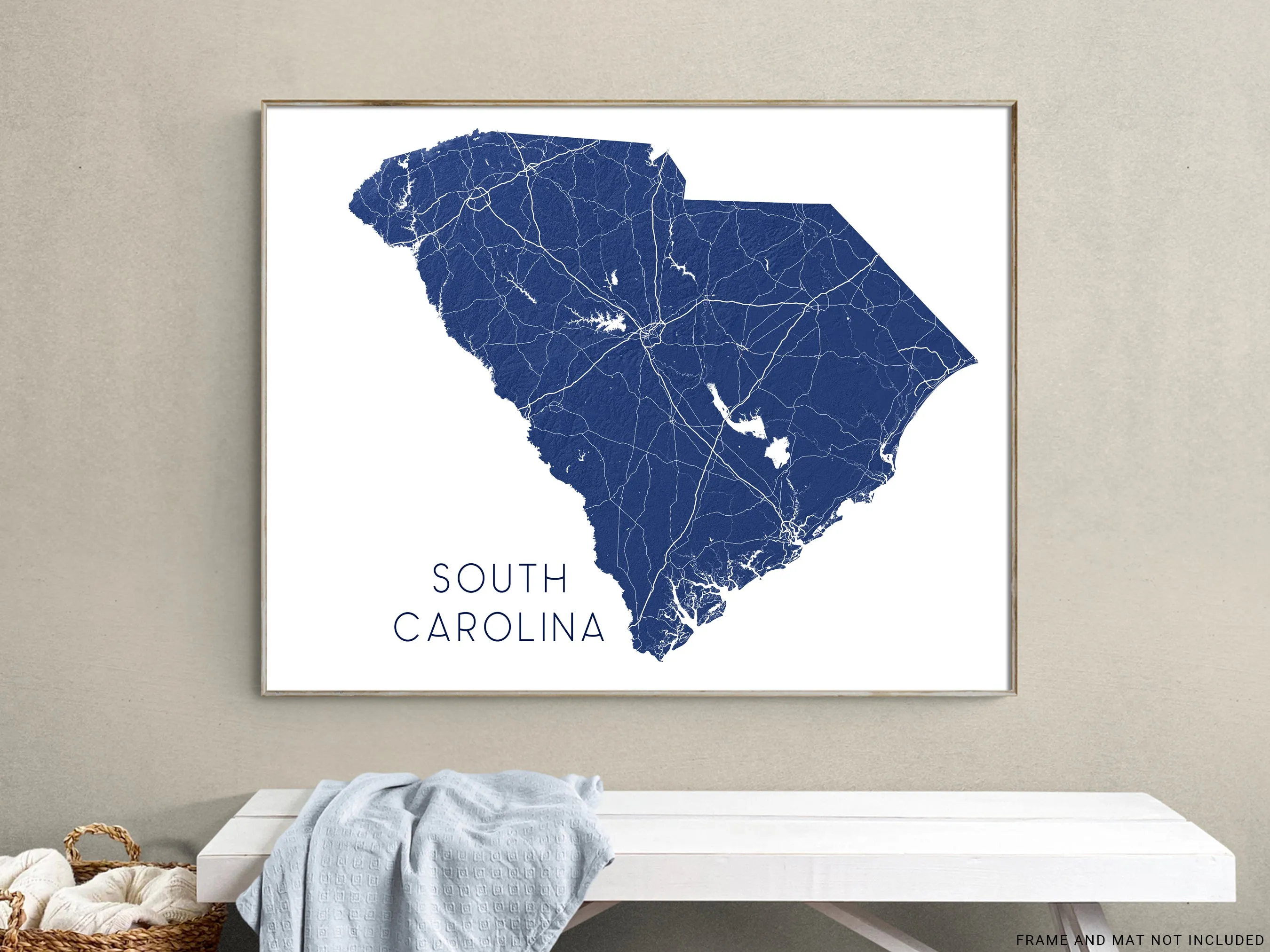 South Carolina Map Print Poster - Topographic Map of South Carolina State Wall Art Road Maps, Charleston