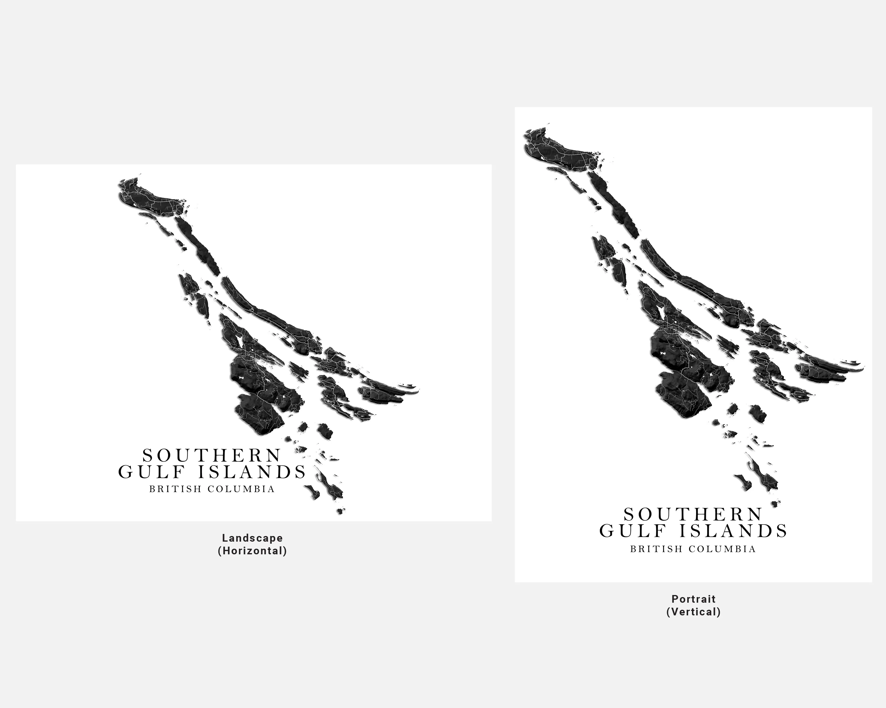 Southern Gulf Islands Map Print Poster, Black and White Topographic BC Canada Wall Art Prints Maps, Salt Spring, Pender Galiano Gabriola Saturna