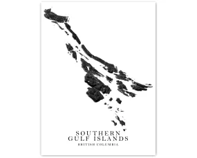 Southern Gulf Islands Map Print Poster, Black and White Topographic BC Canada Wall Art Prints Maps, Salt Spring, Pender Galiano Gabriola Saturna