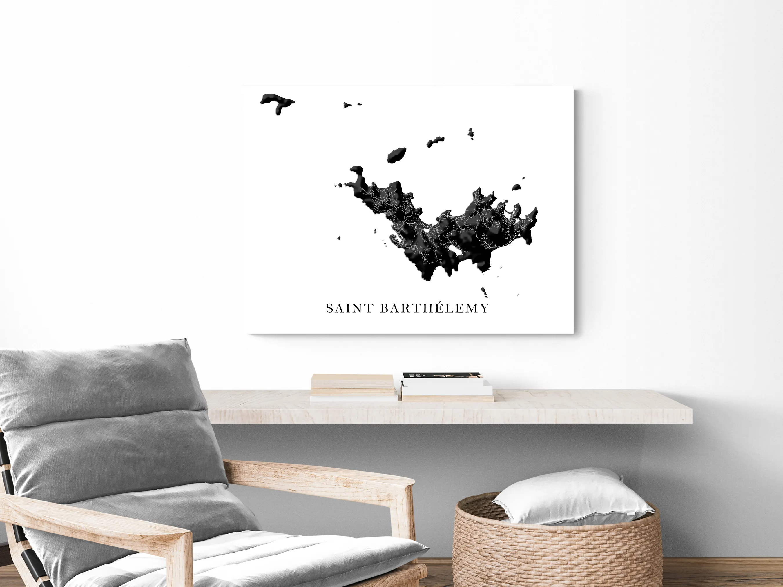 St Barths Map Print Poster, Black and White Caribbean Island Wall Art Prints, Saint-Barthelemy
