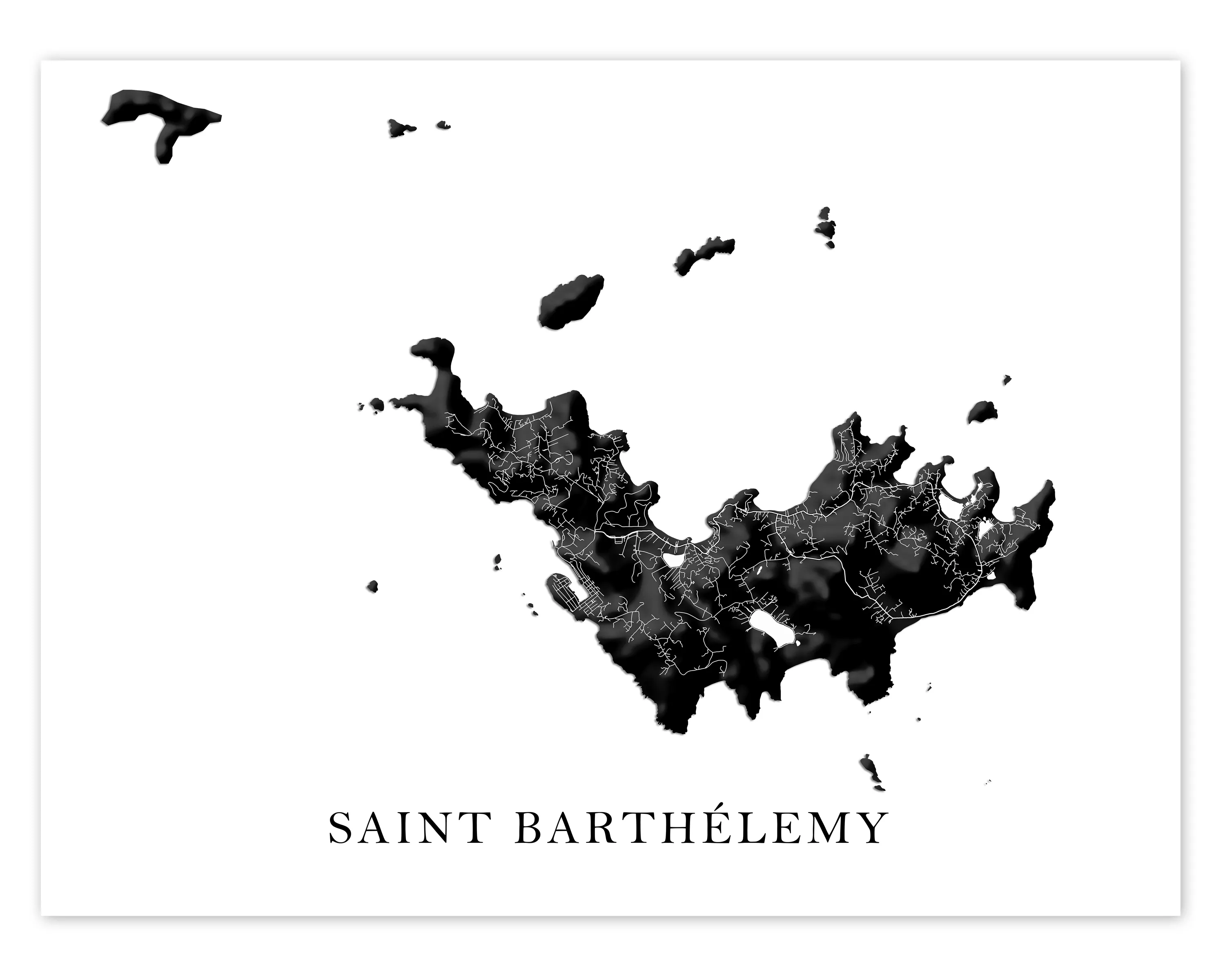St Barths Map Print Poster, Black and White Caribbean Island Wall Art Prints, Saint-Barthelemy