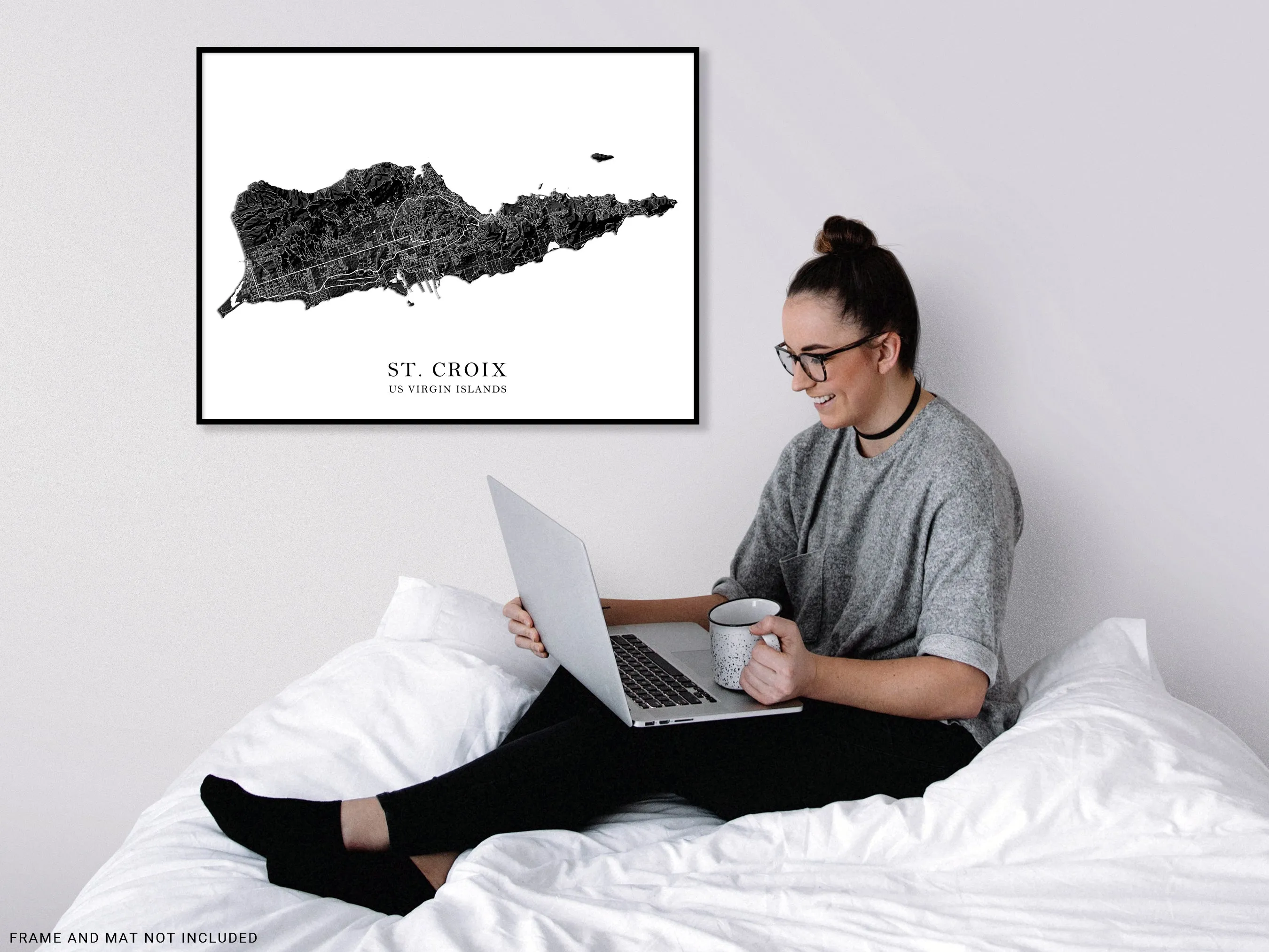 St Croix Island, USVI Map Print Poster, Black and White US Virgin Islands Wall Art Prints, Caribbean
