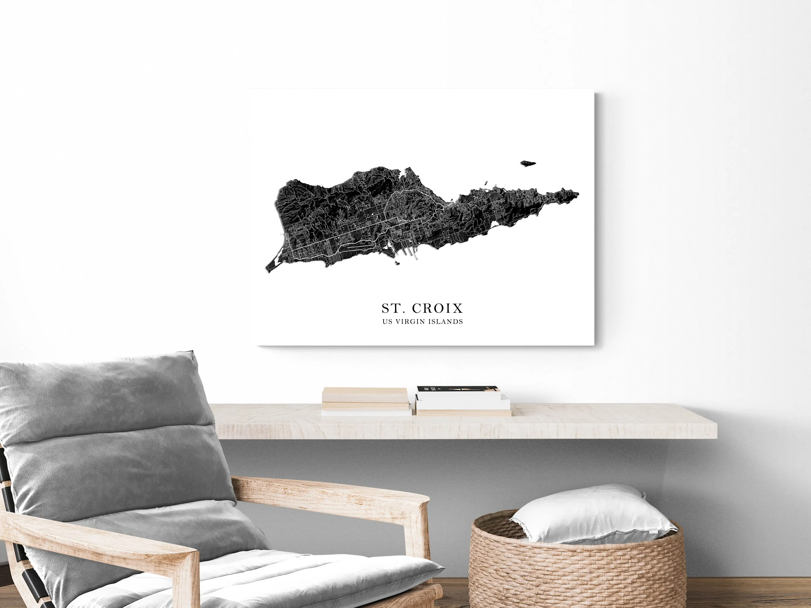 St Croix Island, USVI Map Print Poster, Black and White US Virgin Islands Wall Art Prints, Caribbean