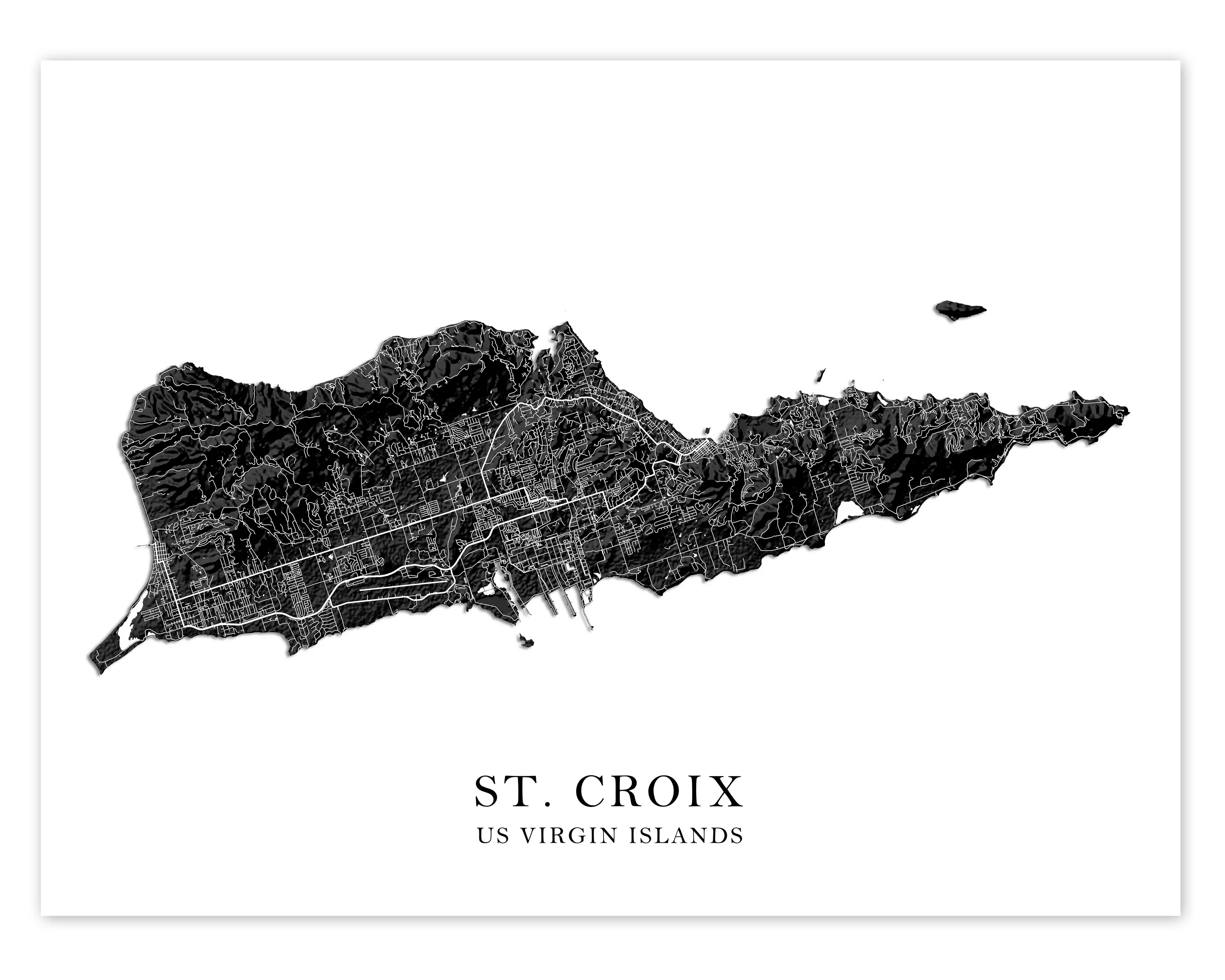 St Croix Island, USVI Map Print Poster, Black and White US Virgin Islands Wall Art Prints, Caribbean