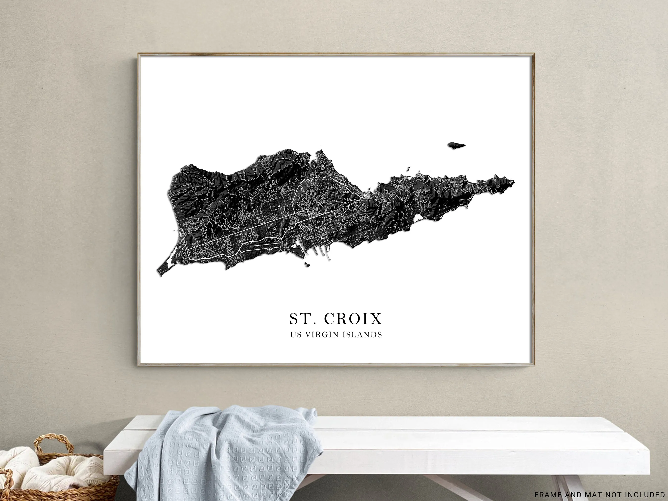 St Croix Island, USVI Map Print Poster, Black and White US Virgin Islands Wall Art Prints, Caribbean