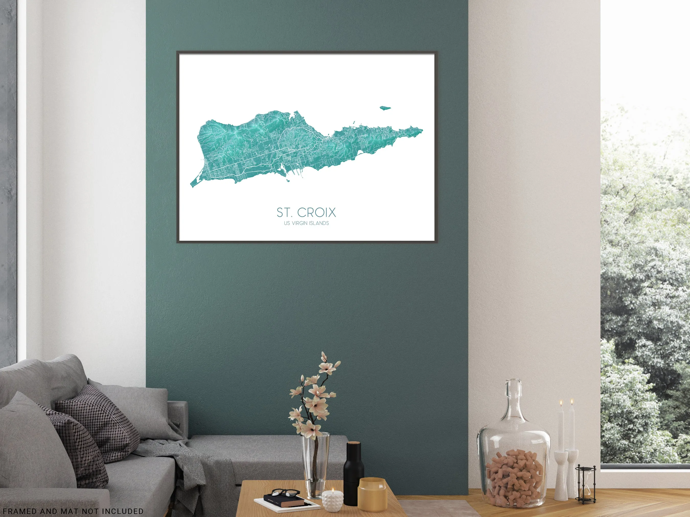 St Croix Map Wall Art Print Poster, Turquoise US Virgin Islands Maps, Saint Croix USVI, Caribbean Island Road Maps